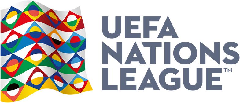 挪威 桌布 壁紙 — UEFA Nations League 標誌，帶有彩色幾何旗幟設計，黑色背景。