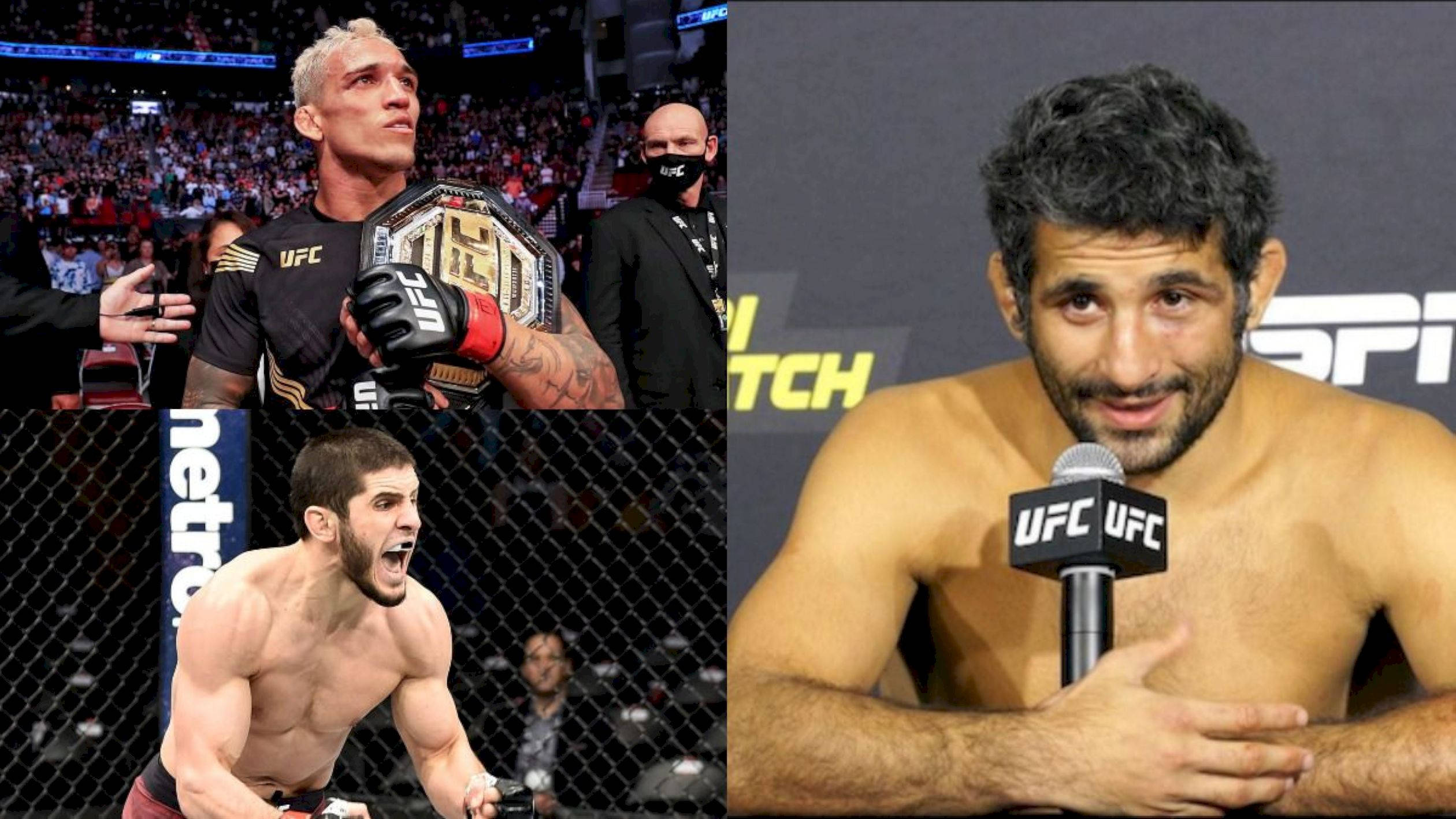 UFC 桌布 壁紙 — UFC 拳手在八角籠和記者會上慶祝勝利，手持冠軍腰帶和麥克風。