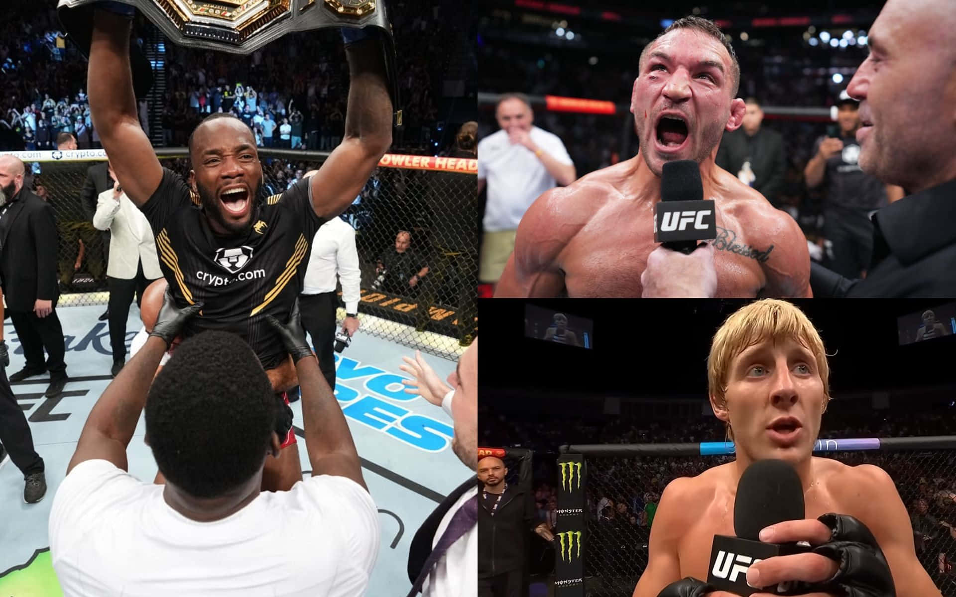 運動 桌布 壁紙 — UFC 拳手在明亮的場館燈光下於八角籠內賽後慶祝及接受訪問。