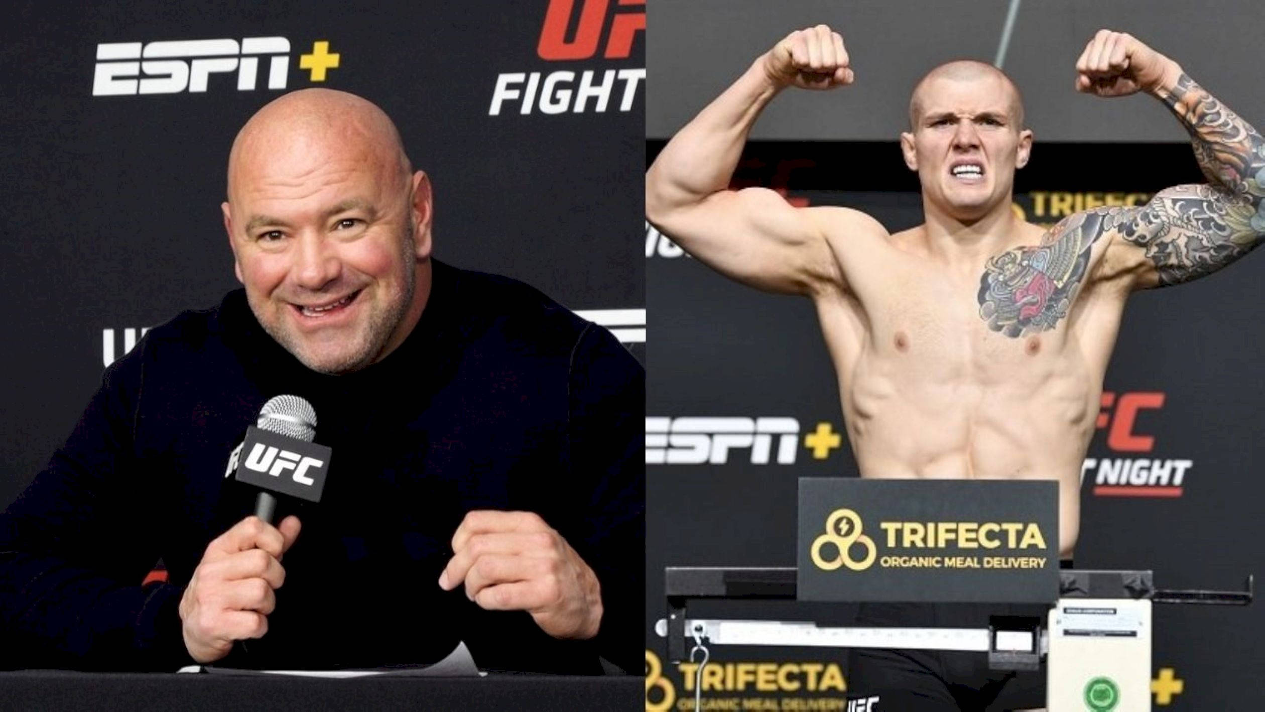 UFC 桌布 壁紙 — UFC主席達納·懷特在記者會上微笑，而拳手科迪·加布蘭特在稱重時赤裸上身展示肌肉。