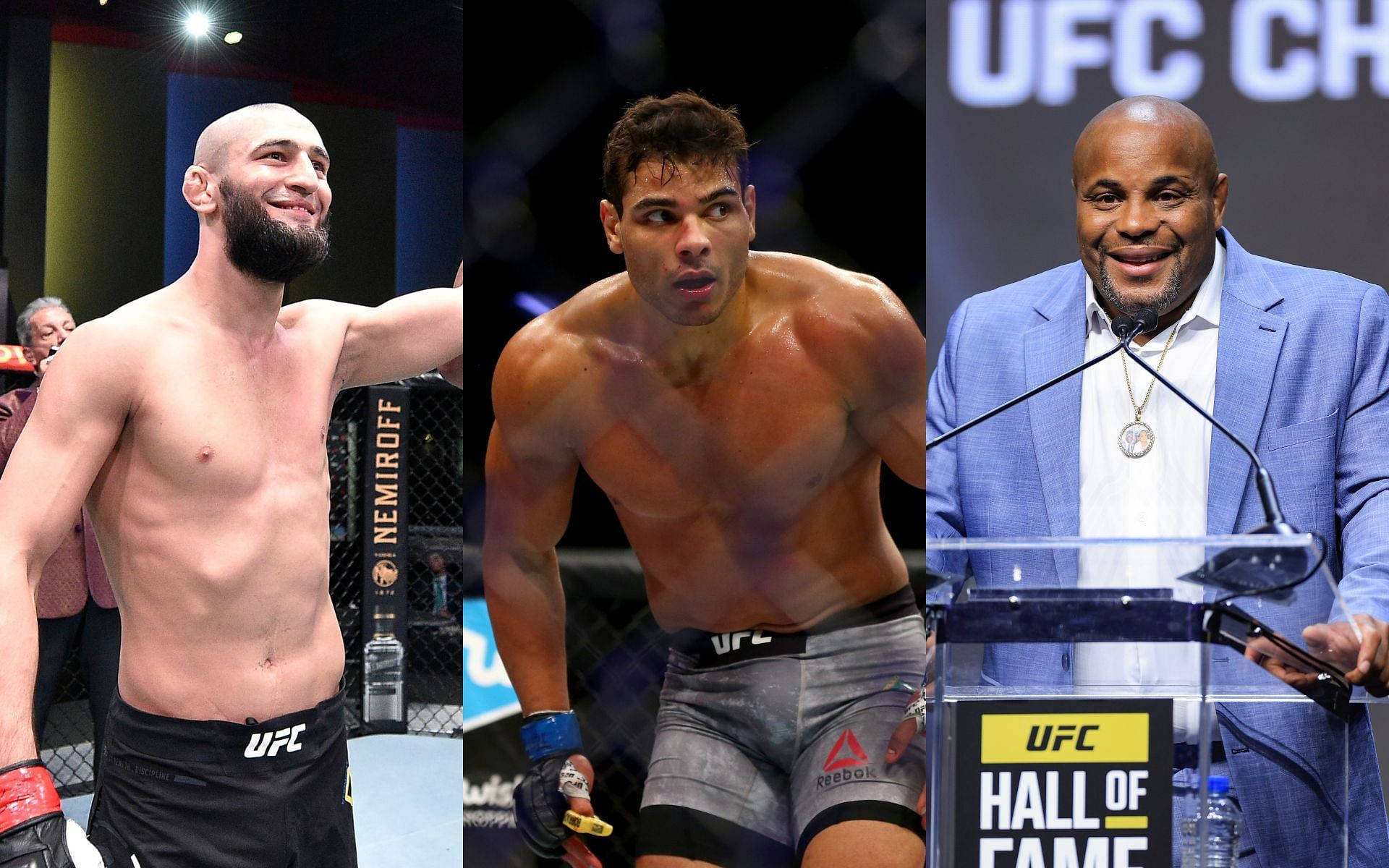UFC 桌布 壁紙 — UFC場景中的三個男人：拳手在八角籠中微笑，另一個處於激烈戰鬥姿勢，以及名人堂成員在講台上發言。