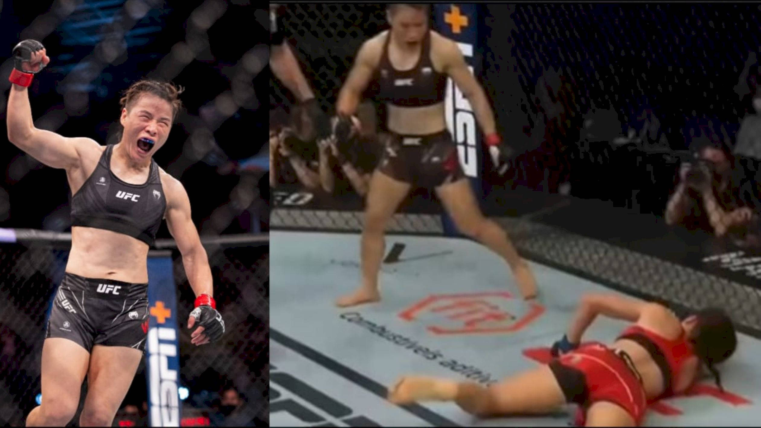 Champion 桌布 壁紙 — UFC拳手在八角籠中慶祝勝利，對手則被擊敗躺在墊子上。