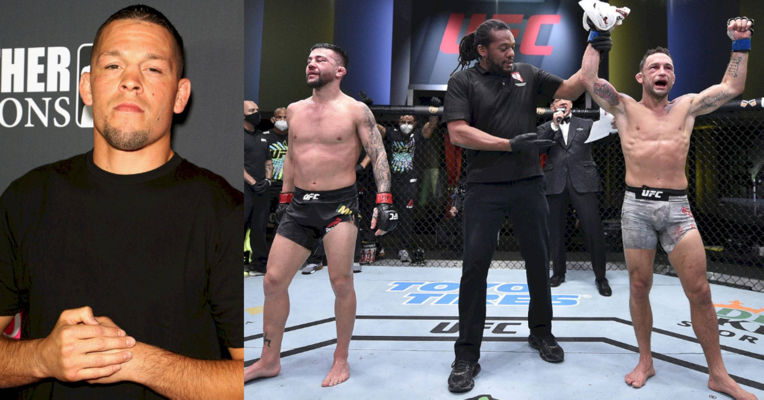 Champion 桌布 壁紙 — UFC拳手在八角籠中慶祝勝利，裁判舉起他的手，另一名拳手肅穆地看著。