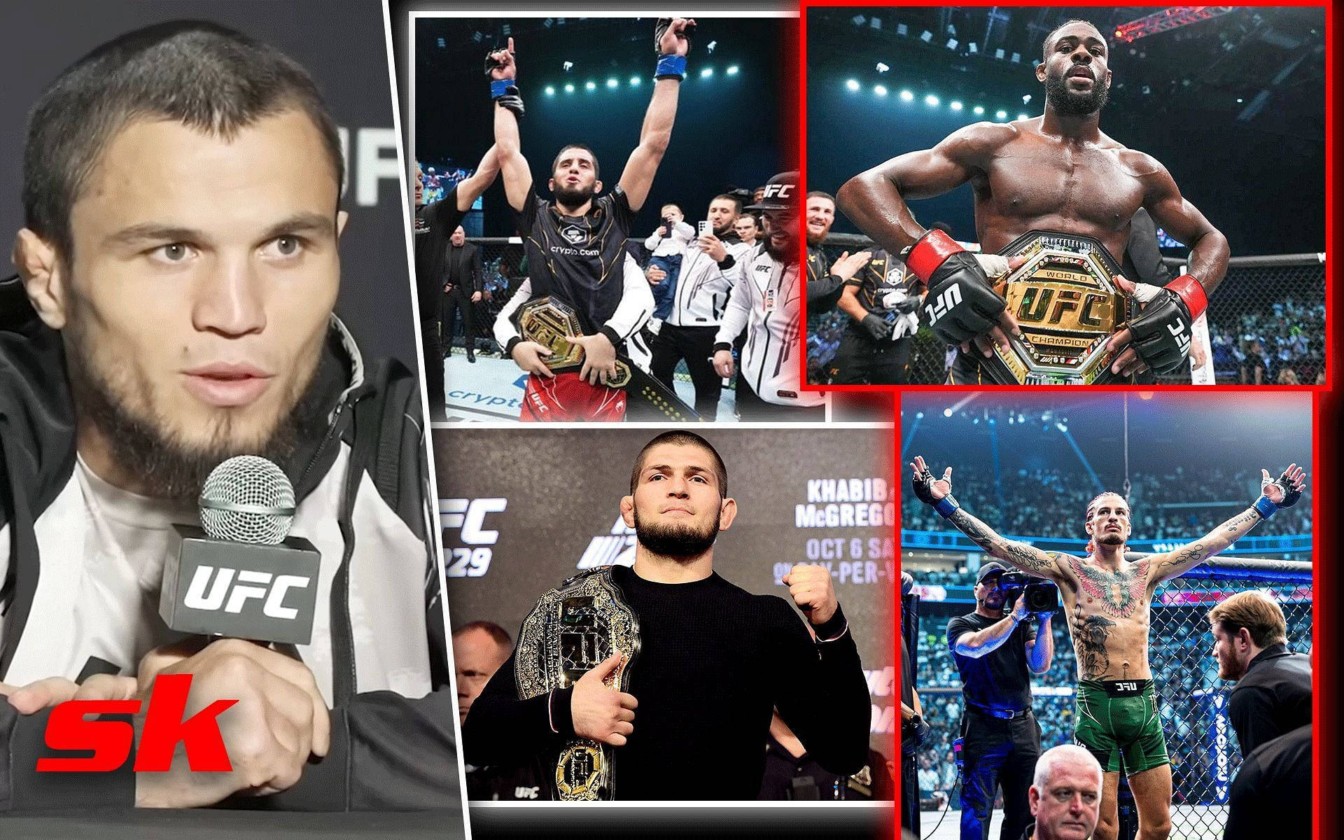 桌布 壁紙 — UFC拳手在八角籠中慶祝勝利並手持冠軍腰帶的拼貼畫。