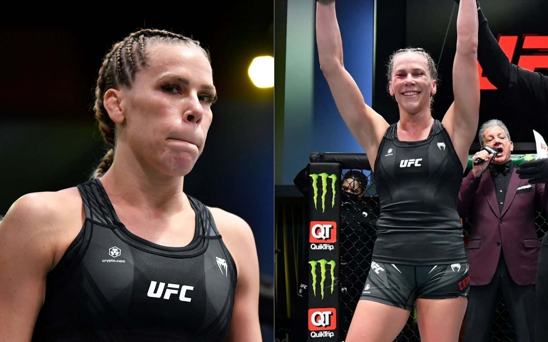 桌布 壁紙 — UFC拳手在八角籠中高舉雙臂慶祝勝利，另一張照片則展示她賽前專注的神情。