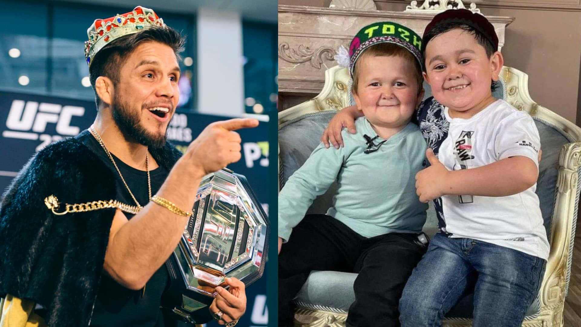 UFC 桌布 壁紙 — UFC拳手帶著冠軍腰帶和皇冠，在華麗的椅子上，旁邊有兩個戴著節日帽子的微笑男孩，指向鏡頭。