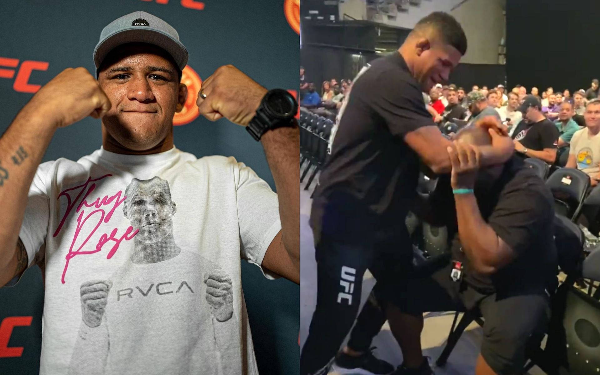 MMA 桌布 壁紙 — UFC拳手自信地穿著品牌裝備擺姿勢，而另一名拳手在擁擠的場館中被粉絲擁抱。