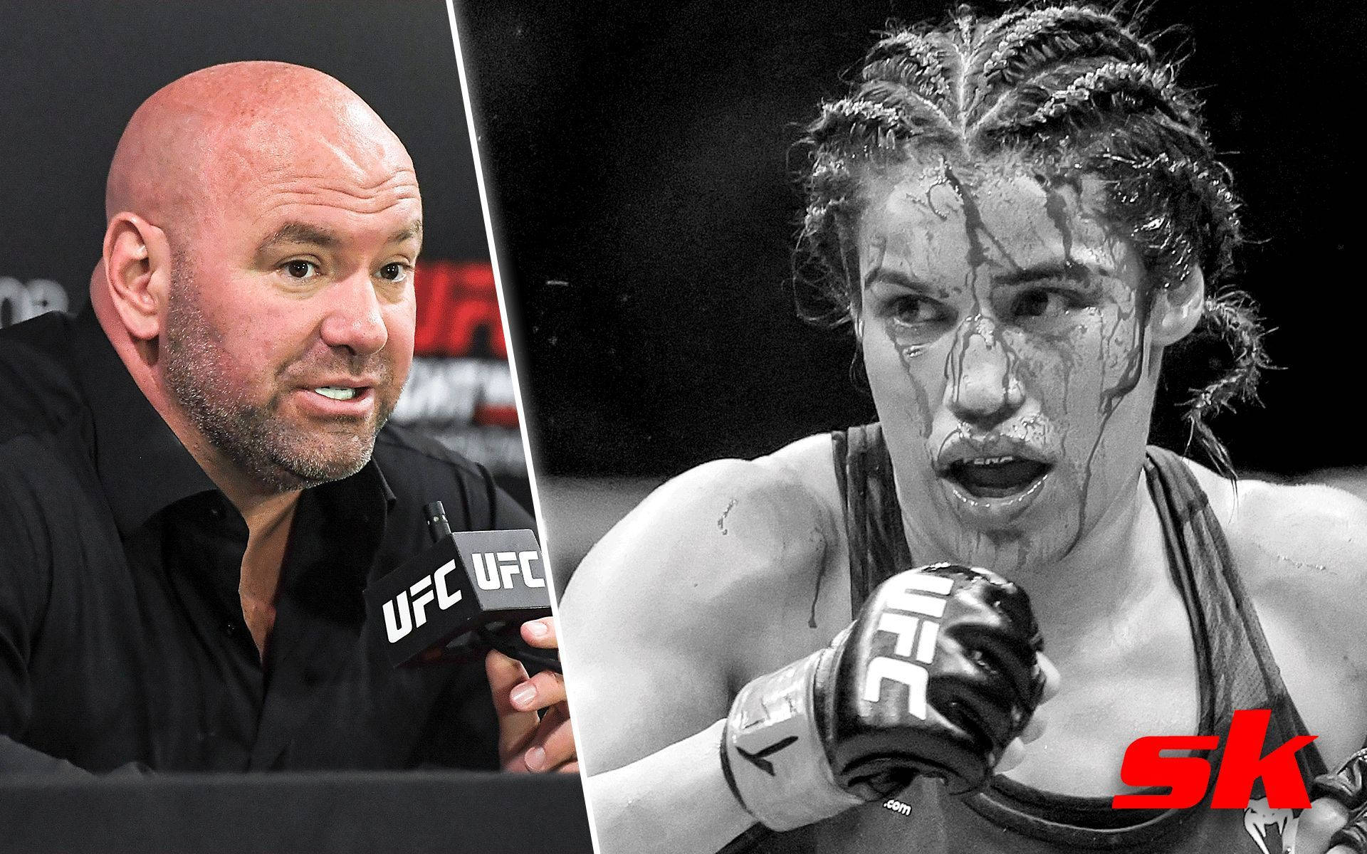 UFC 桌布 壁紙 — UFC老闆Dana White說話和戰士Jessica Andrade穿著粗糙黑白戰鬥裝備的分割圖像。