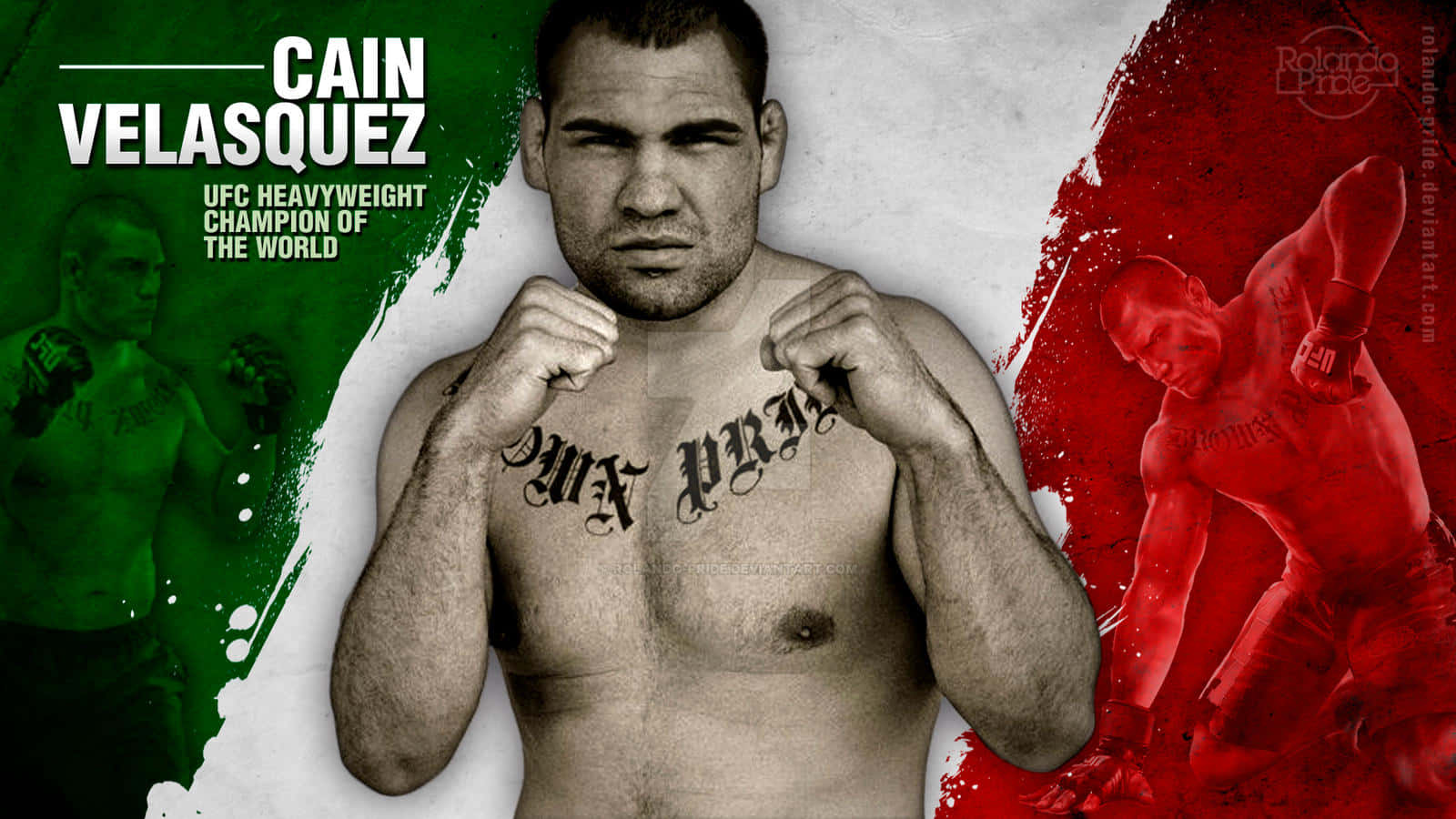 UFC 桌布 壁紙 — UFC重量級冠軍Cain Velasquez在綠色和紅色潑濺背景下，握緊拳頭，目光銳利。