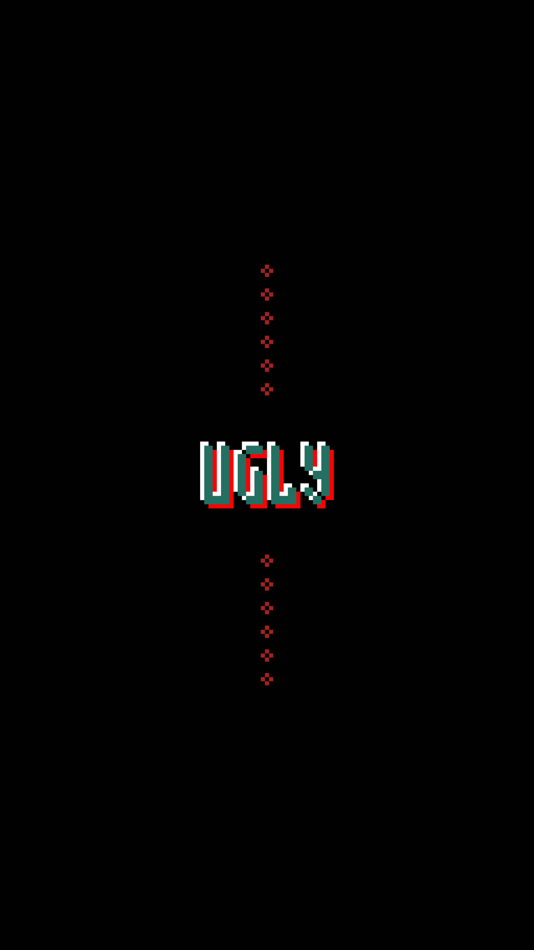 Typography 桌布 壁紙 — 「ugly」一詞以像素化紅色和藍綠色文字居中顯示在帶有垂直虛線的黑色背景上。