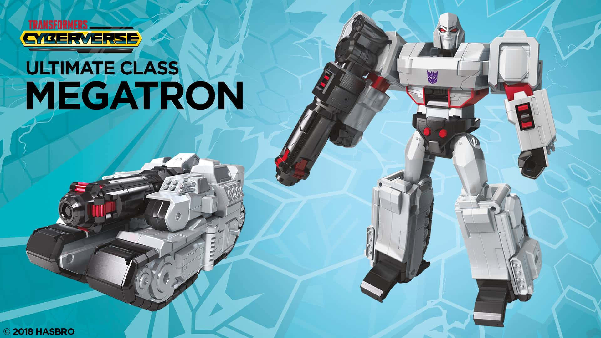 Animated 桌布 壁紙 — Ultimate Class Megatron 來自 Transformers Cyberverse 在藍色六邊形背景前與他的坦克模式並肩站立。