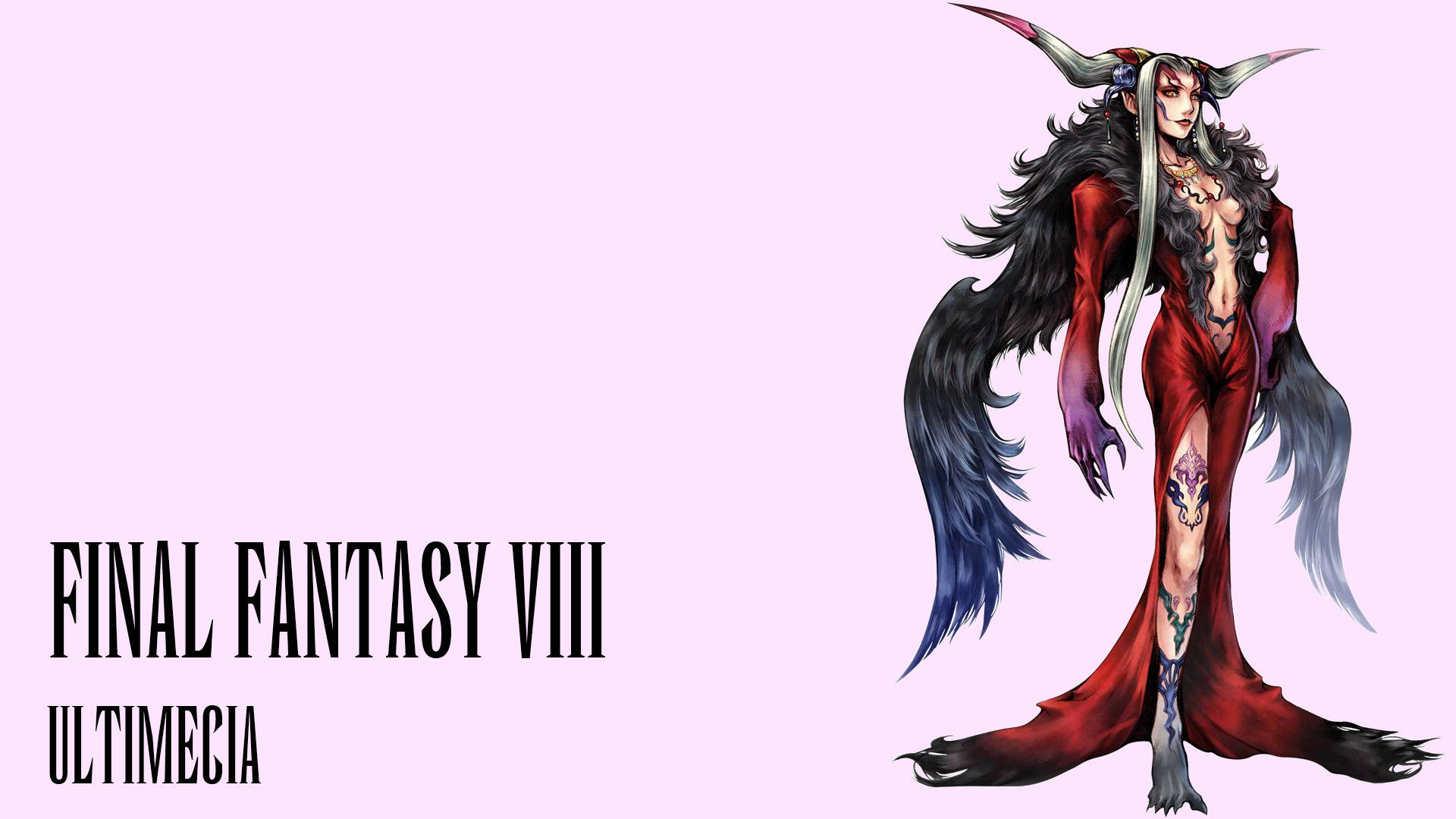 來自《最終幻想 VIII》的 Ultimecia，身穿紅色長袍，帶有黑色翅膀和角，背景為粉紅色。 — 最終幻想8 壁紙