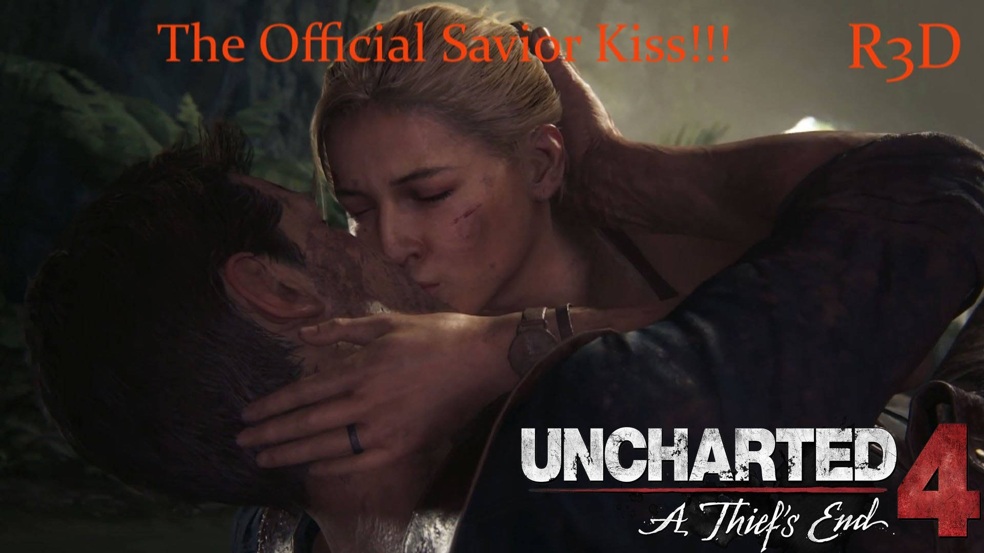 Kiss 桌布 壁紙 — 《Uncharted 4》中，兩個角色在昏暗的叢林場景中溫柔接吻。