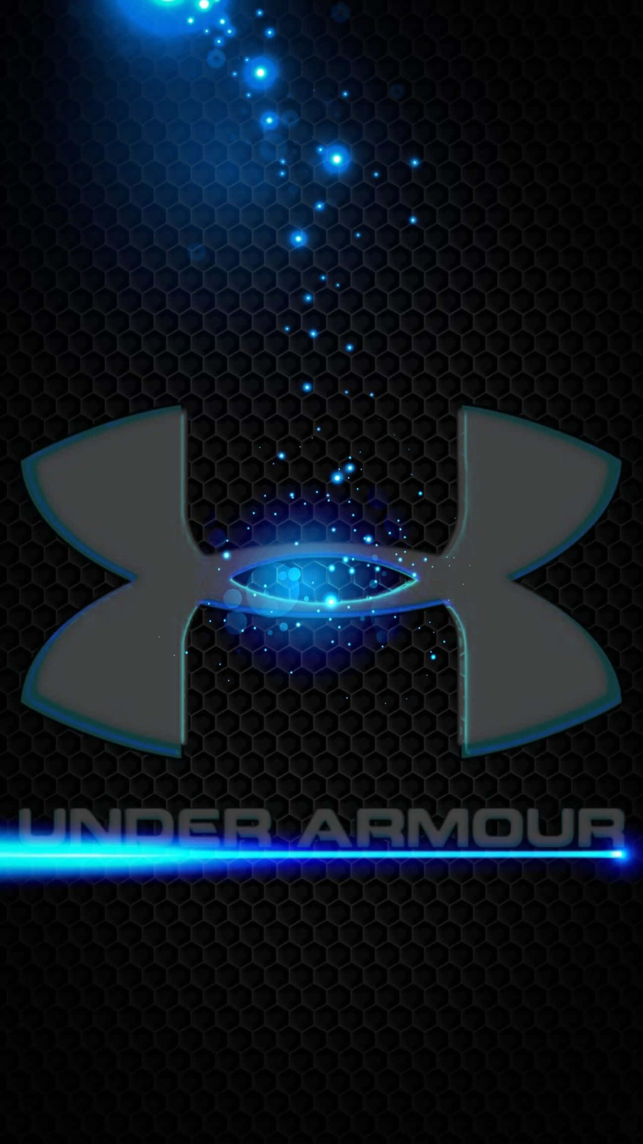 Under Armour 桌布 壁紙 — Under Armour 標誌在深色六邊形網格背景上發出電光藍色粒子光芒。