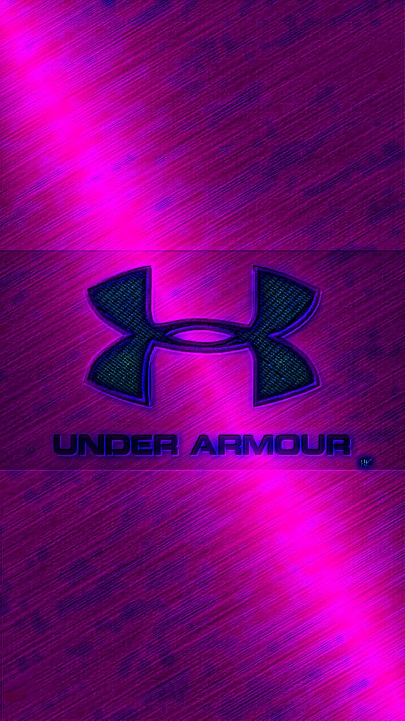 Under Armour 桌布 壁紙 — Under Armour 標誌在充滿活力的粉紅色和紫色拉絲金屬背景上以深藍色發光。