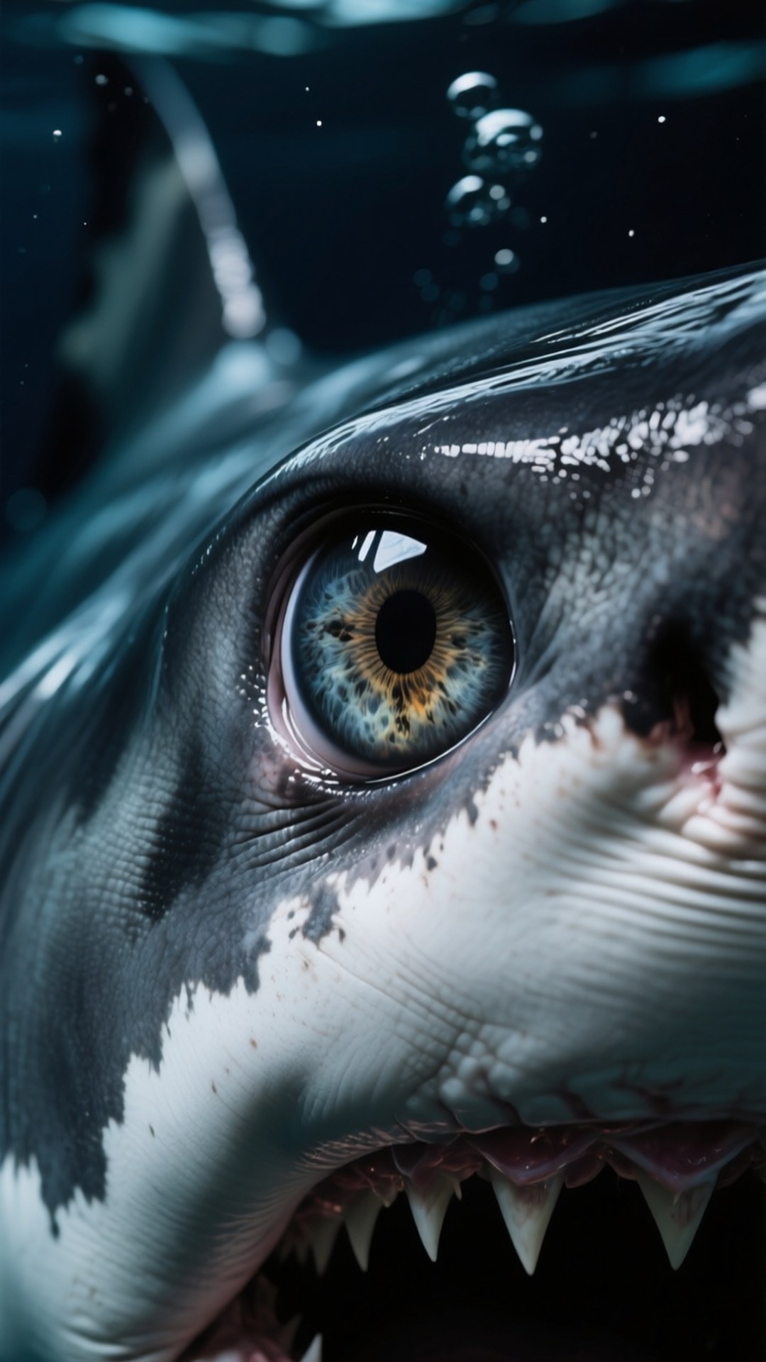 Shark Eye Close-Up 壁紙 — 一張水下特寫鏡頭捕捉到鯊魚強烈的眼睛和張開的嘴巴，露出鋒利的牙齒。