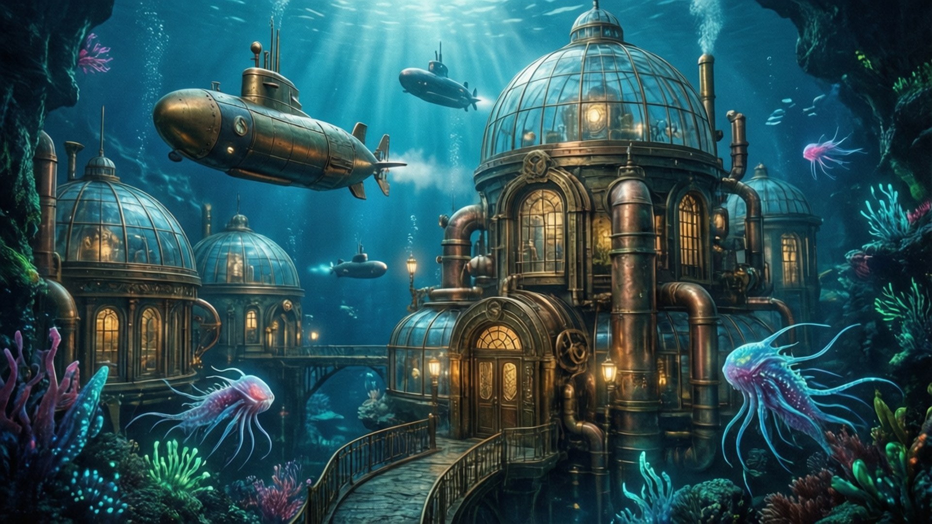 Subaqueous Steampunk 壁紙 — 水下蒸氣龐克城市，有玻璃圓頂建築、黃銅管道、發光的燈光，以及漂浮在彩色珊瑚和水母中的潛艇。