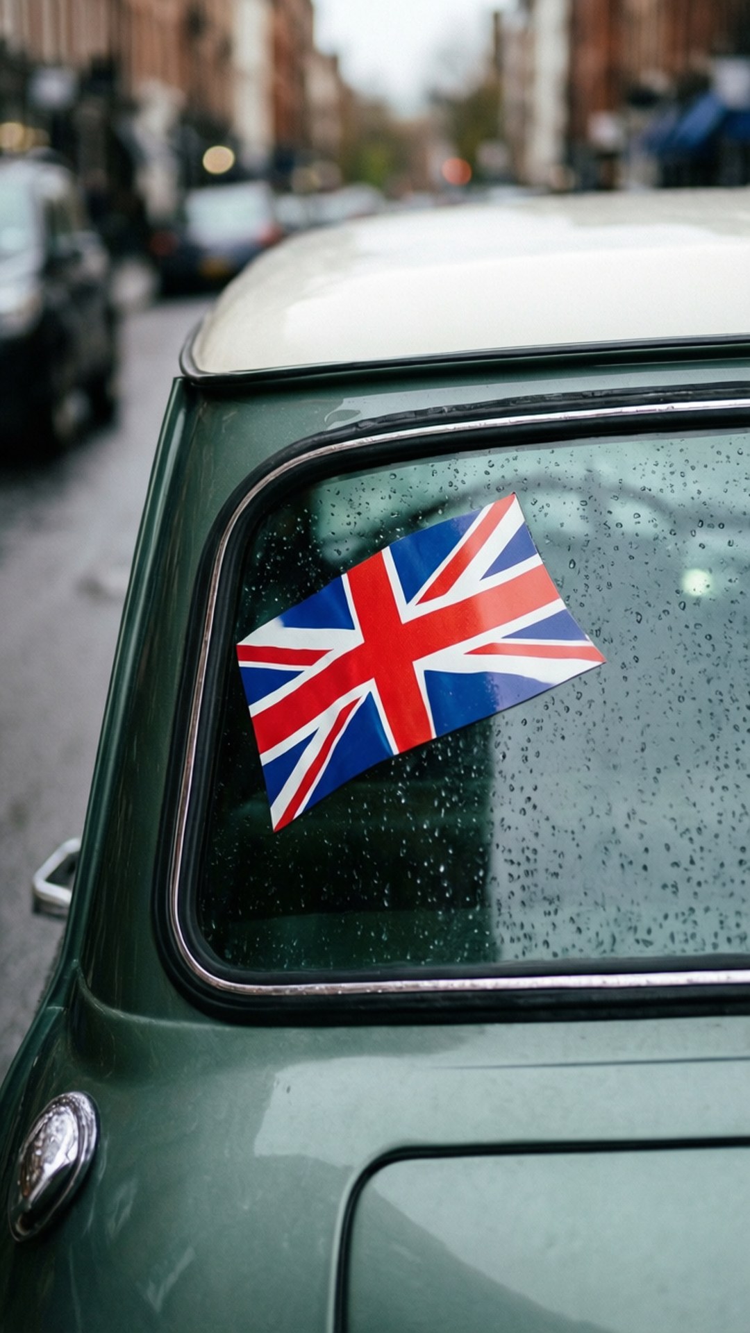 Car Window Sticker 壁紙 — 一張英國國旗貼紙貼在雨點斑斑的復古綠色迷你庫柏後窗上，位於潮濕的城市街道。