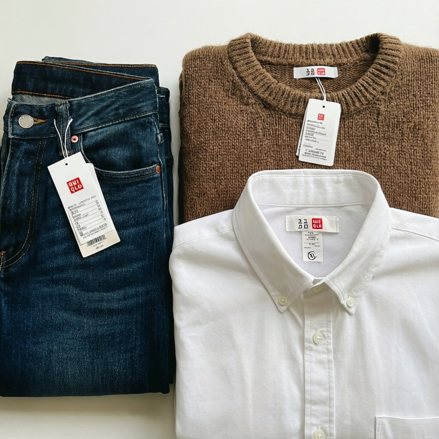 Uniqlo平鋪擺拍 壁紙 — 整齊折疊的深色牛仔褲、棕色毛衣和白色鈕扣襯衫，附有標籤，展示在潔白背景上。