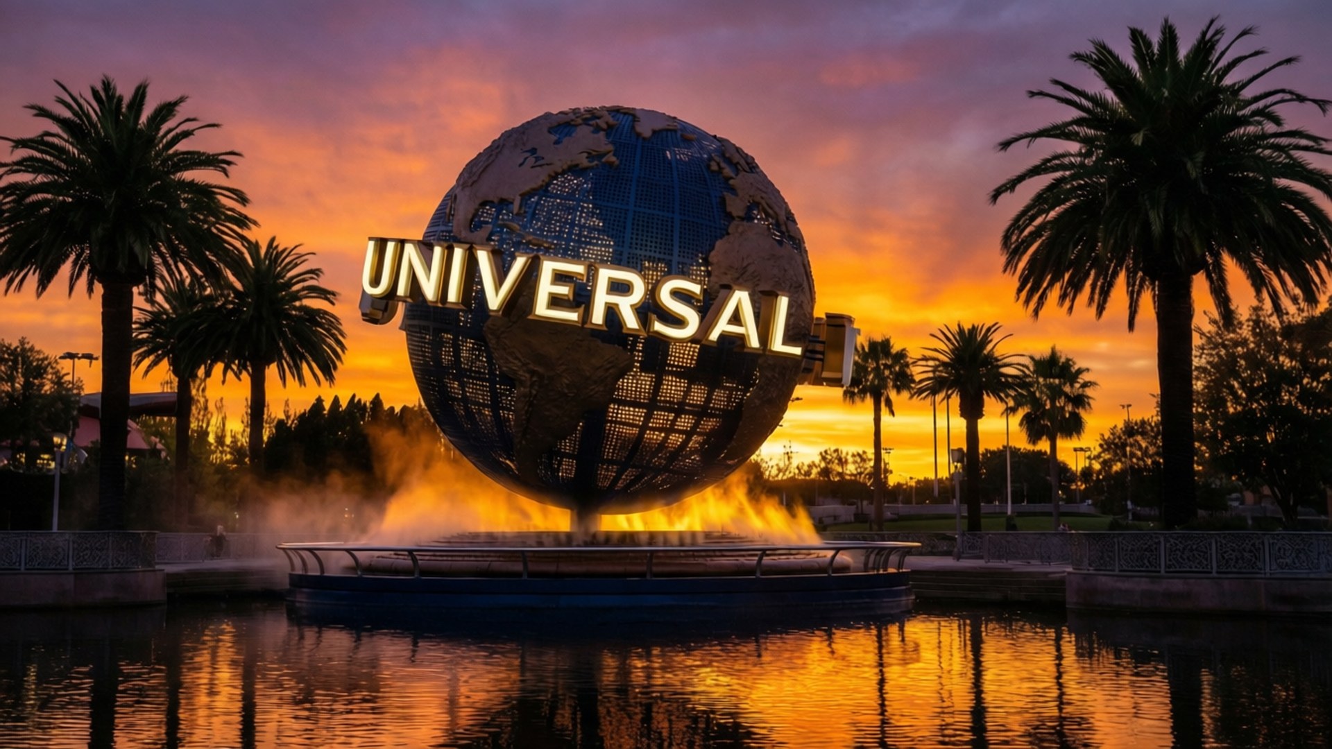 Universal Globe Sunset 壁紙 — 標誌性的環球影城地球標誌在日落時閃耀，天空火紅，棕櫚樹和水面倒影。