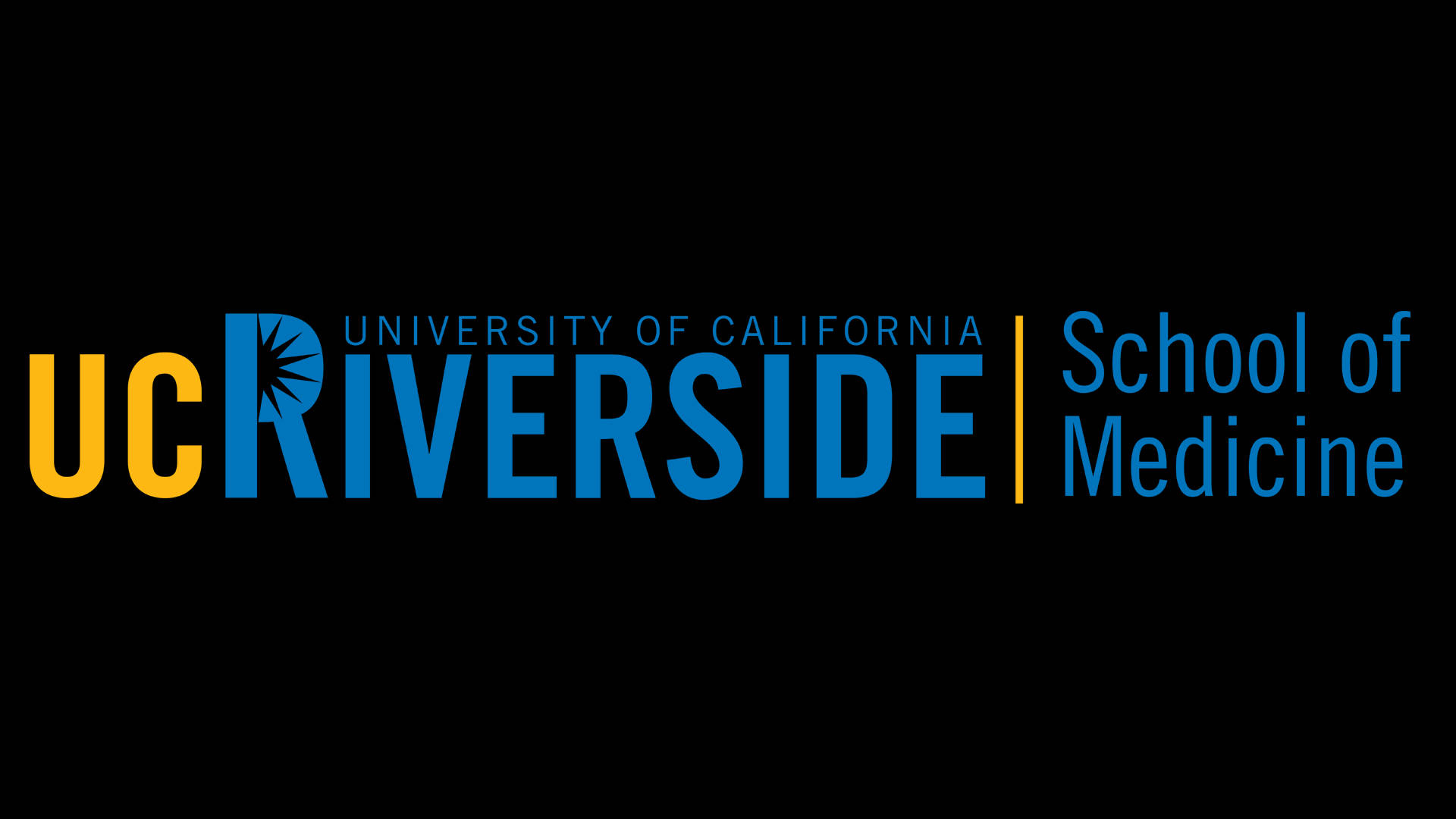 學校 桌布 壁紙 — University of California Riverside School of Medicine 標誌，以粗體藍色和黃色文字顯示在黑色背景上。