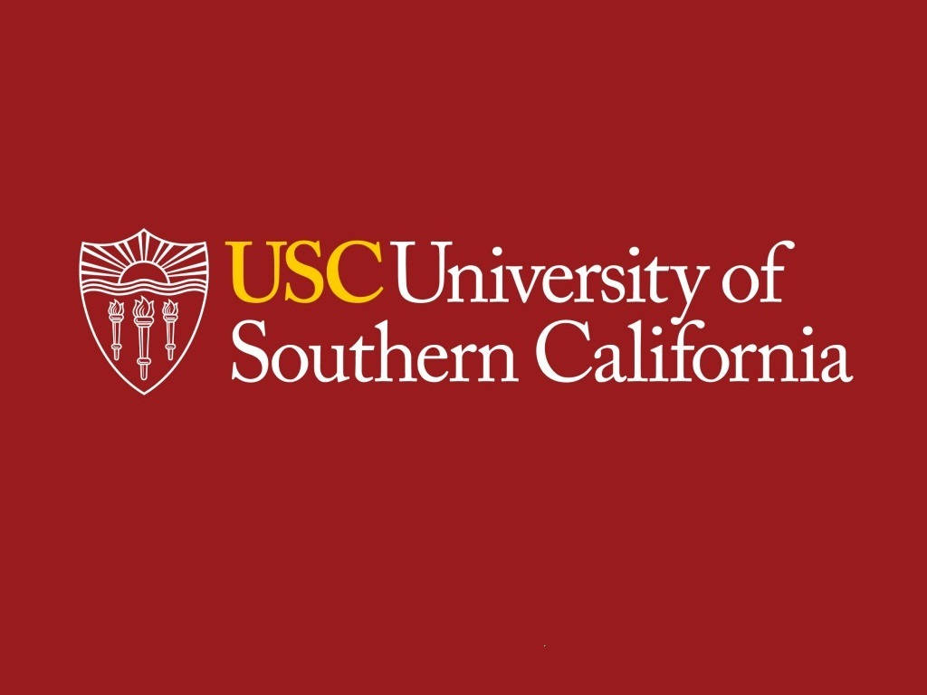 標誌 桌布 壁紙 — University of Southern California 標誌，白色和金色文字及盾牌在純紅色背景上。