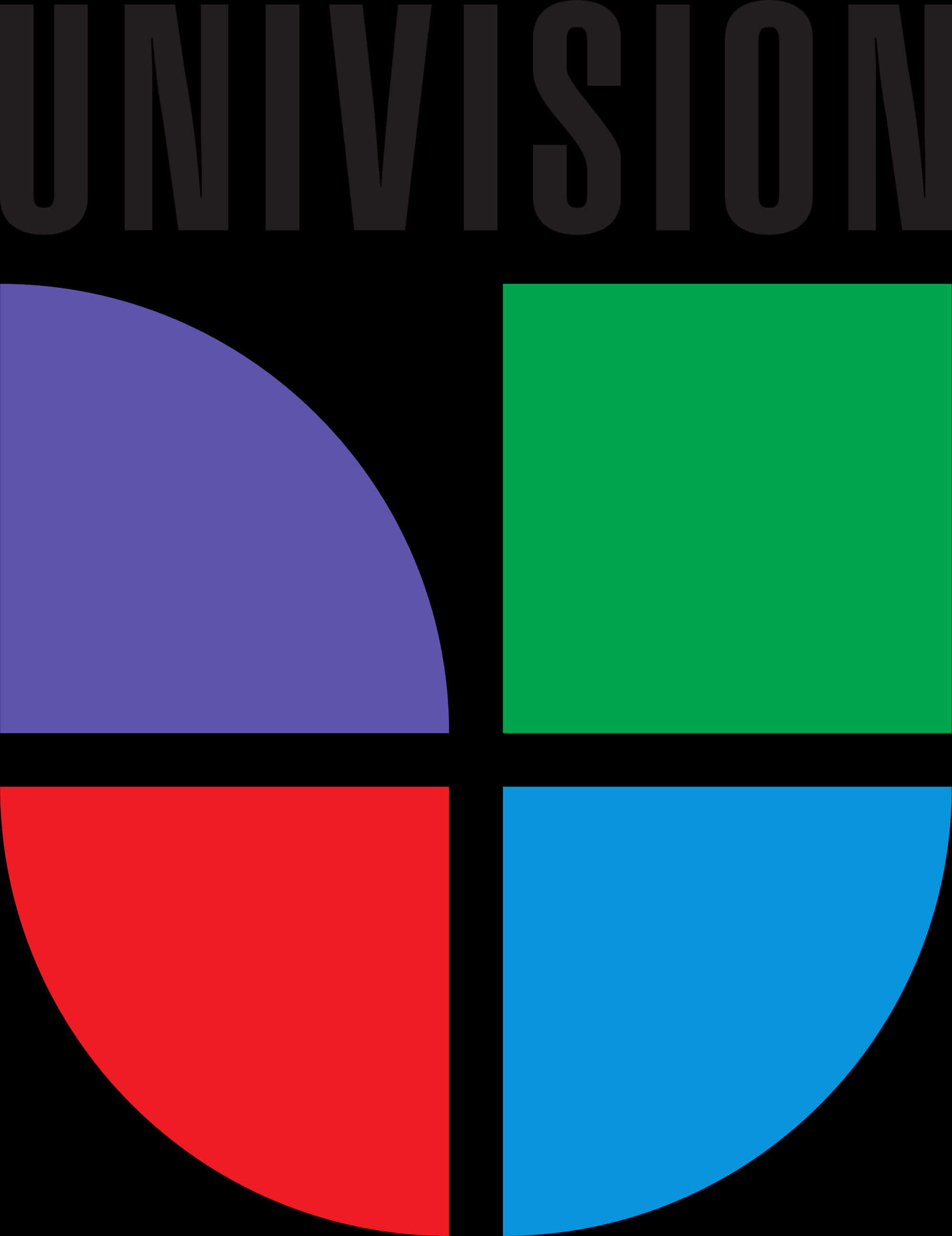標誌 桌布 壁紙 — Univision 標誌，黑色背景上帶有粗體黑色文字和紫色、綠色、紅色、藍色四個彩色象限。