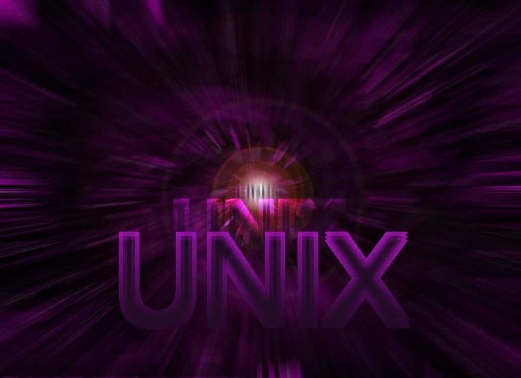 Application 桌布 壁紙 — 「UNIX」一詞以粗體紫色字母發光，背景是充滿輻射紫色光條的宇宙隧道。