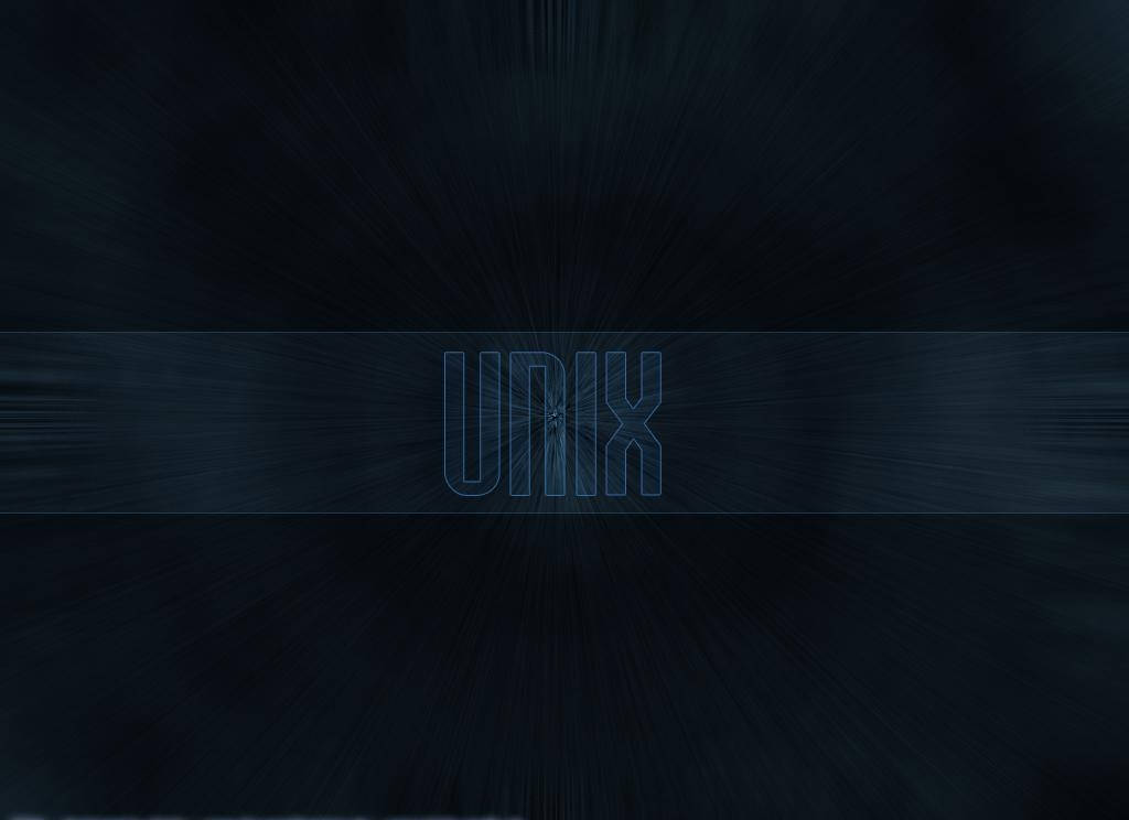 程式設計 桌布 壁紙 — UNIX 一詞在帶有水平動態模糊的深藍色徑向爆發背景上發出青色光芒。