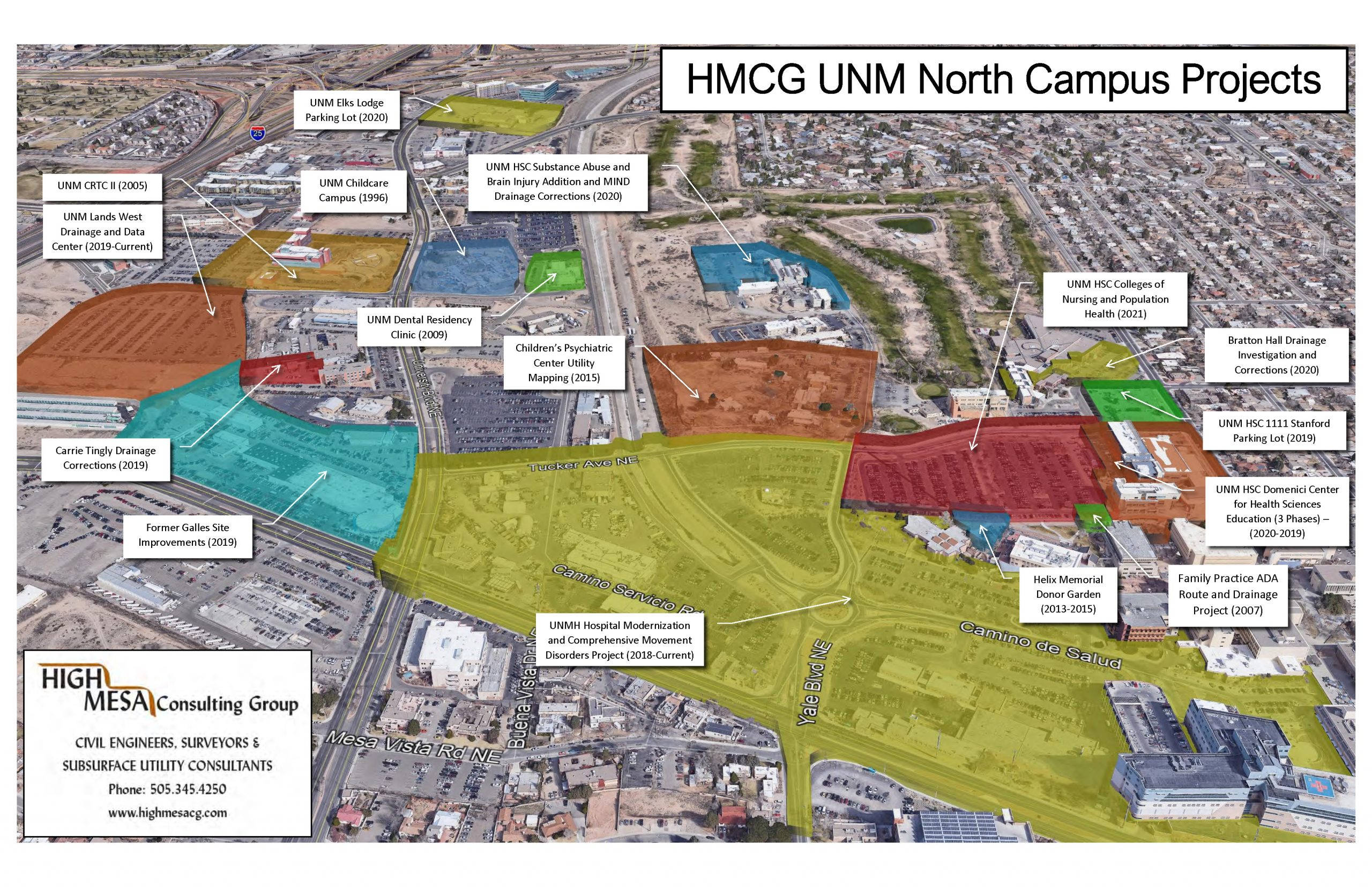 Building 桌布 壁紙 — UNM北校區項目的空拍地圖，顯示帶有標籤的建築區域和建築物，並附有顏色編碼區域和文字註釋。