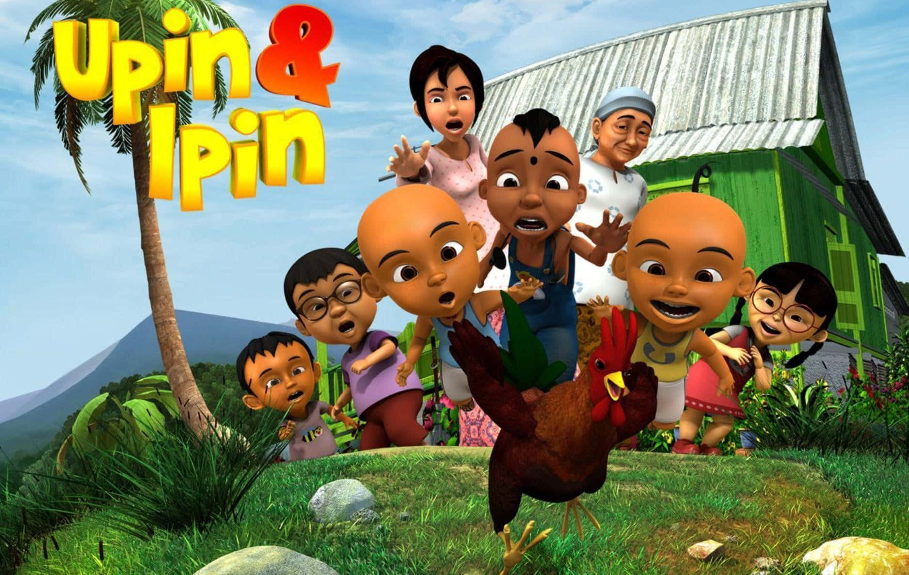 uppin & pin - 卡通，孩子們在房子前 壁紙