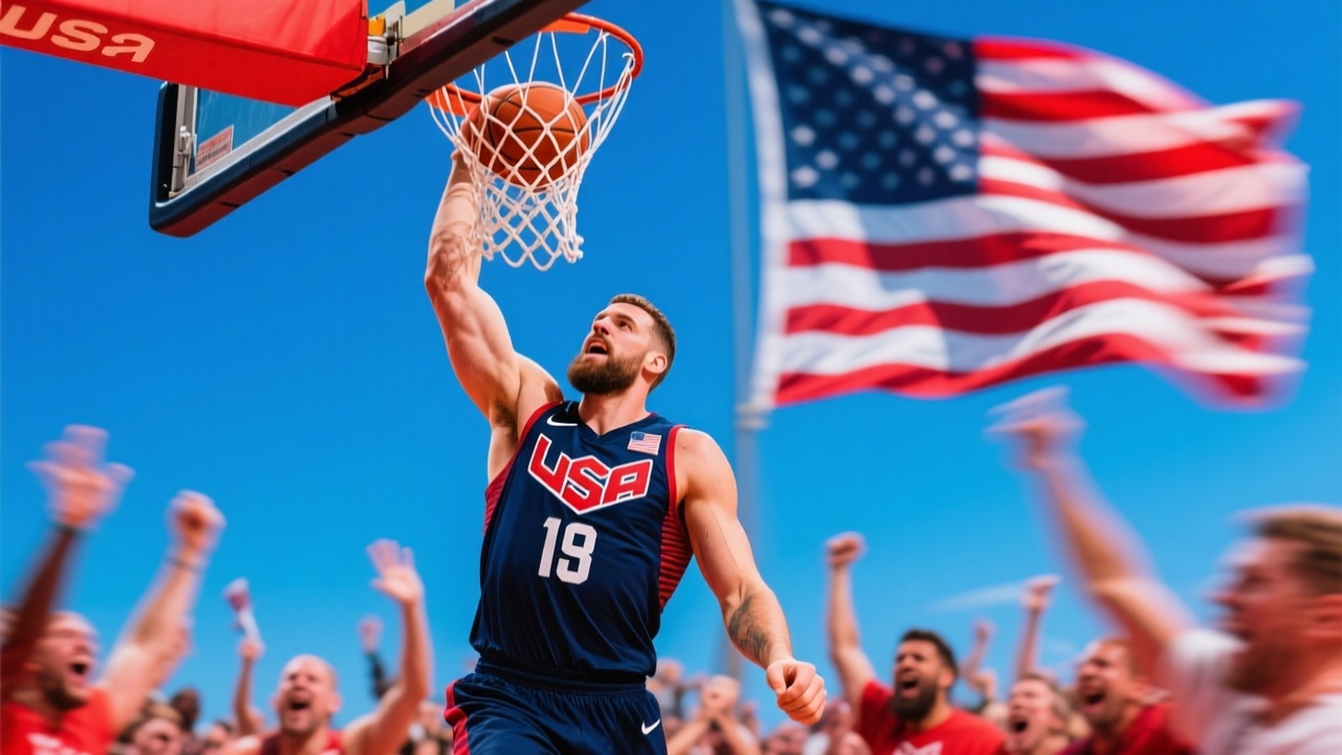 Team USA Dunk 壁紙 — 一名美國籃球運動員在晴朗的藍天下灌籃，身後飄揚著美國國旗。