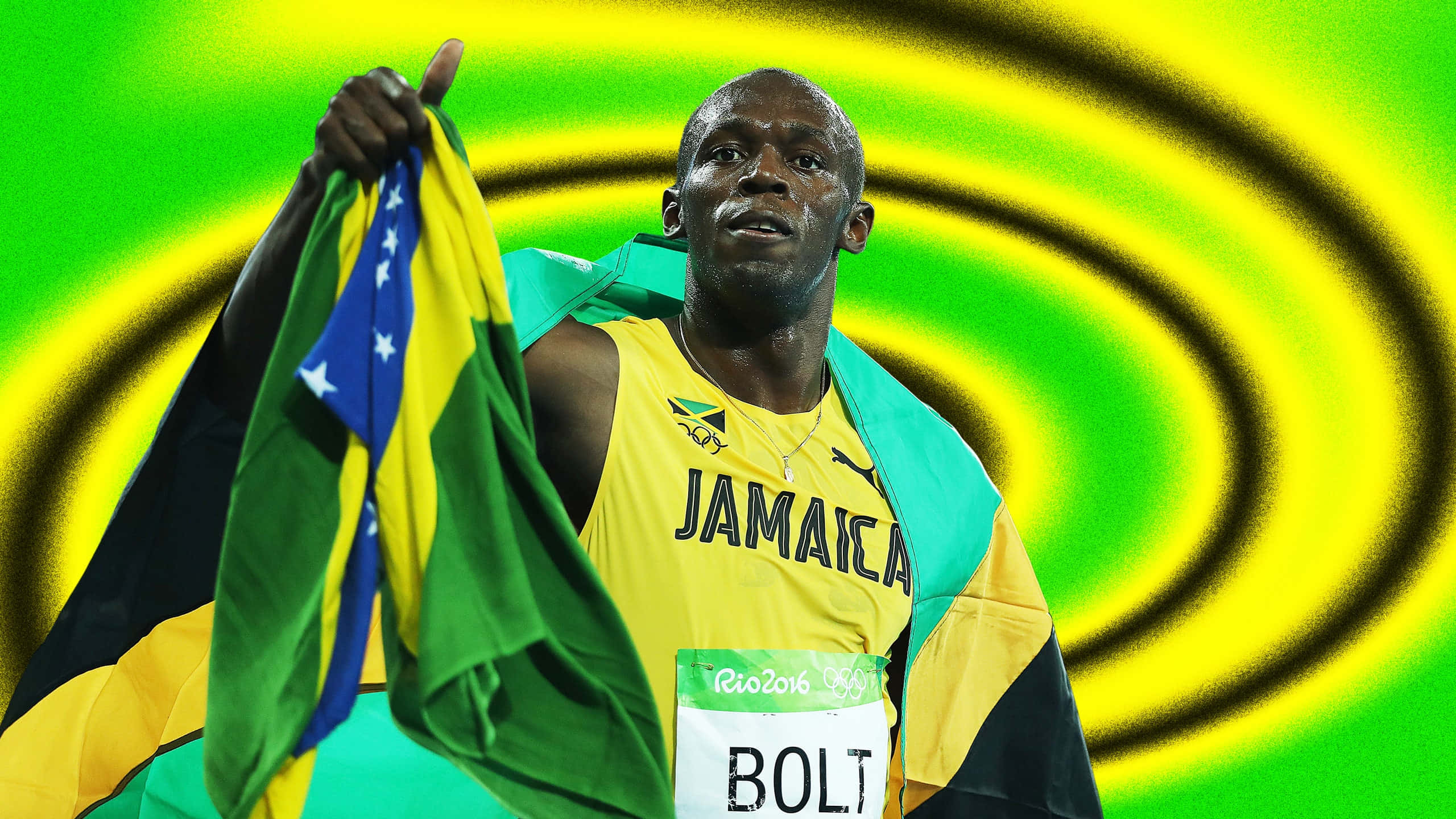 運動 桌布 壁紙 — Usain Bolt 披著牙買加國旗，手持巴西國旗，背景是充滿活力的綠黃色漩渦。