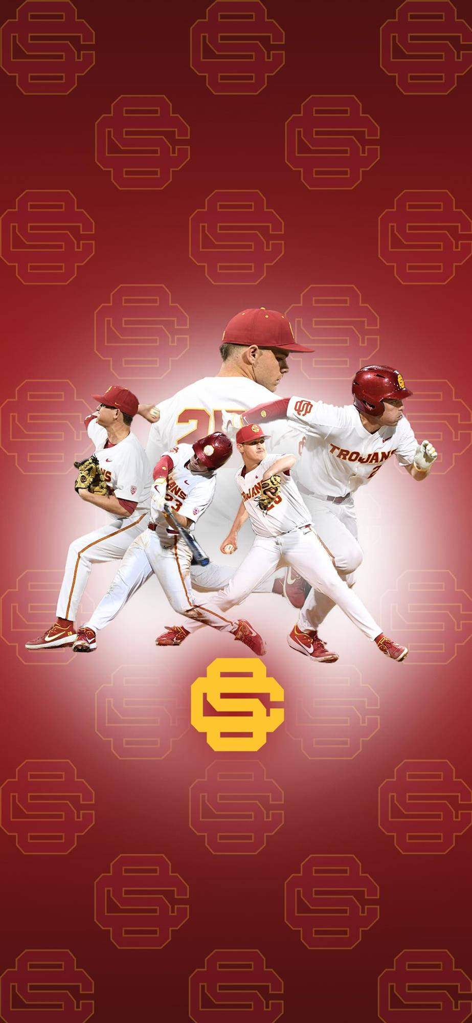 大學 桌布 壁紙 — USC Trojans 棒球運動員在紅色背景上以重複的球隊標誌進行動態拼貼。