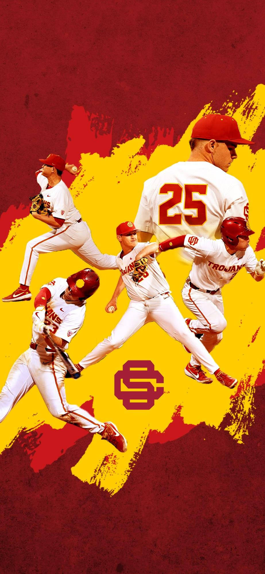 Usc 桌布 壁紙 — USC 棒球運動員在鮮明的紅色和黃色潑濺背景下擺出動作姿勢的動態拼貼畫。