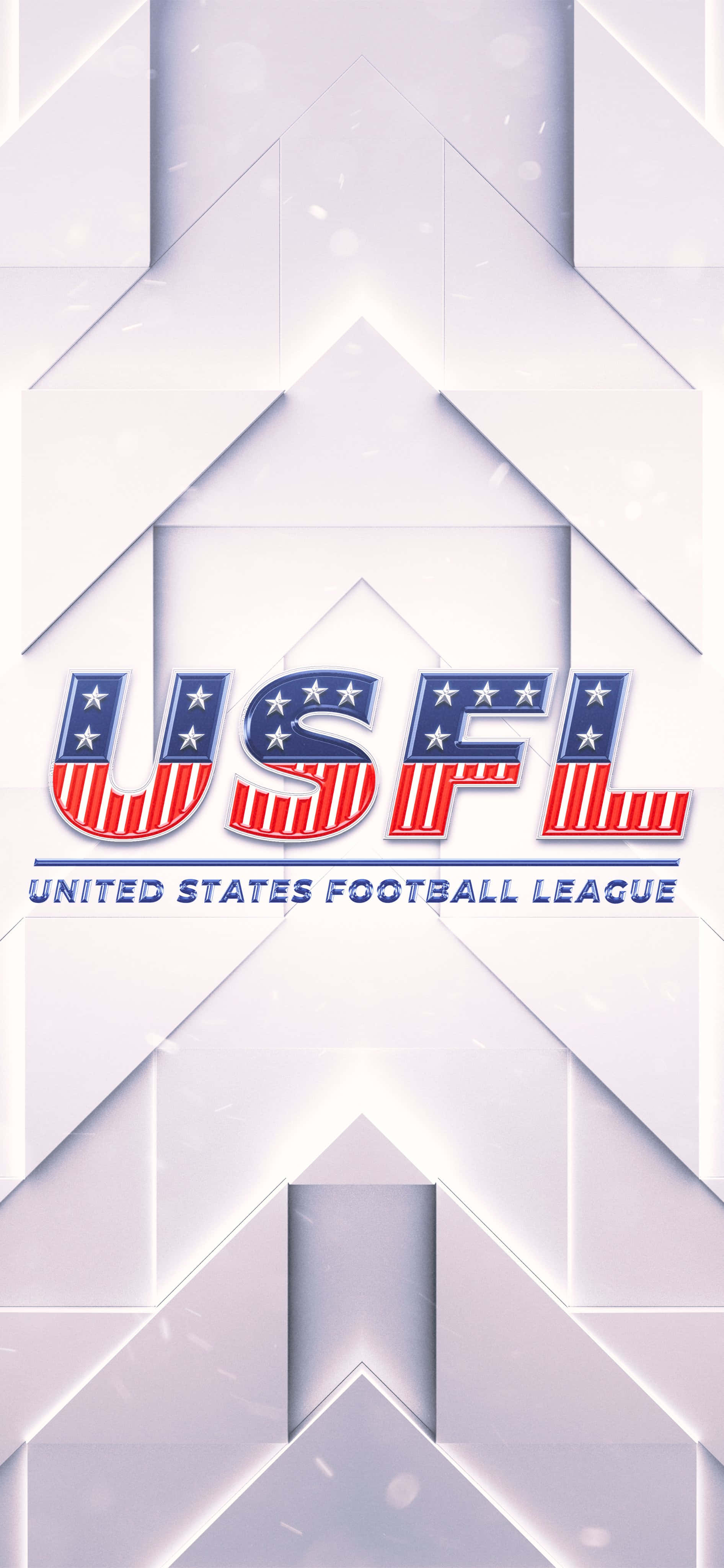 準備迎接新的USFL賽季 壁紙 — USFL 標誌，帶有星星和條紋，置於幾何白色背景上，帶有發光效果。