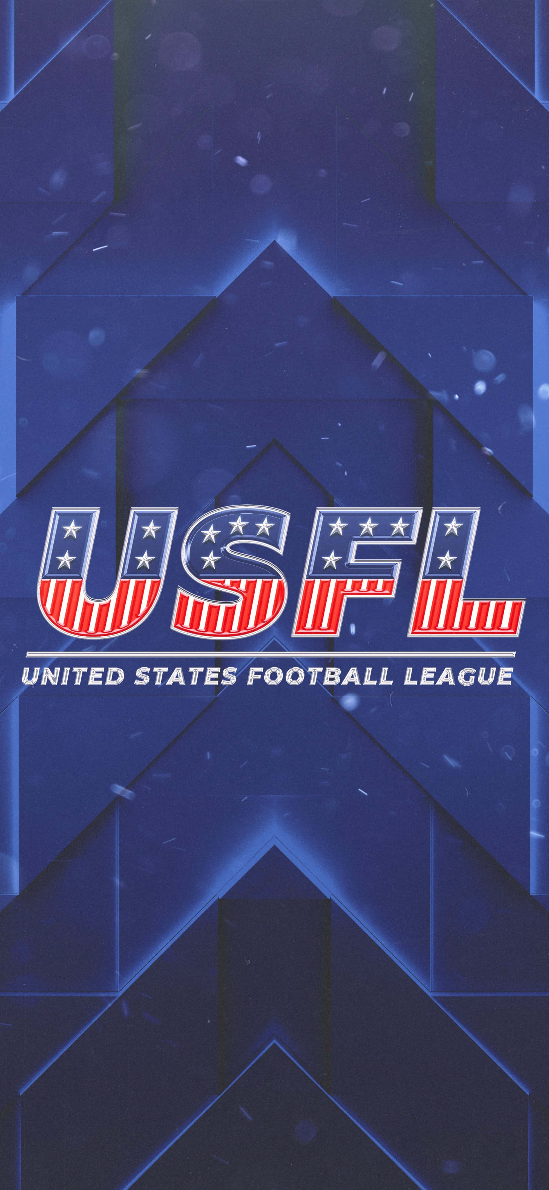 所有樂趣，沒有規則 壁紙 — USFL 標誌以紅、白、藍星條紋設計，置於深藍色幾何背景上，並帶有發光箭頭。
