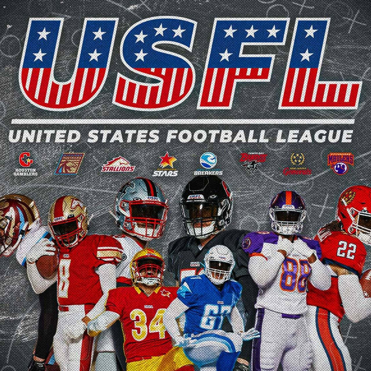 Usfl 桌布 壁紙 — USFL 美式足球員身穿色彩繽紛的制服，在帶有聯盟標誌和愛國字體的黑板背景前自豪地擺姿勢。