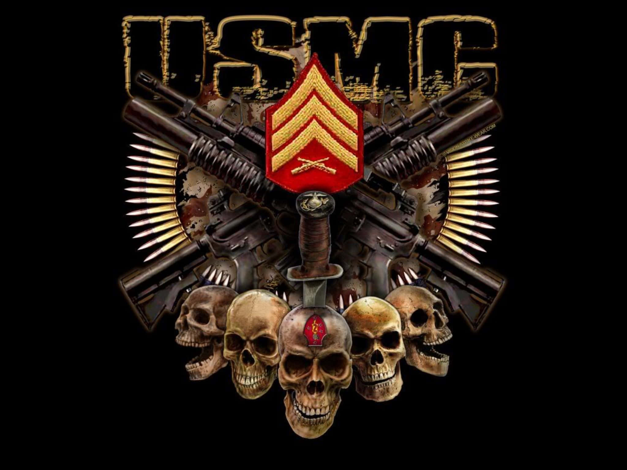 Marine 桌布 壁紙 — USMC 徽章，帶有交叉步槍和骷髏頭，背景為黑色。