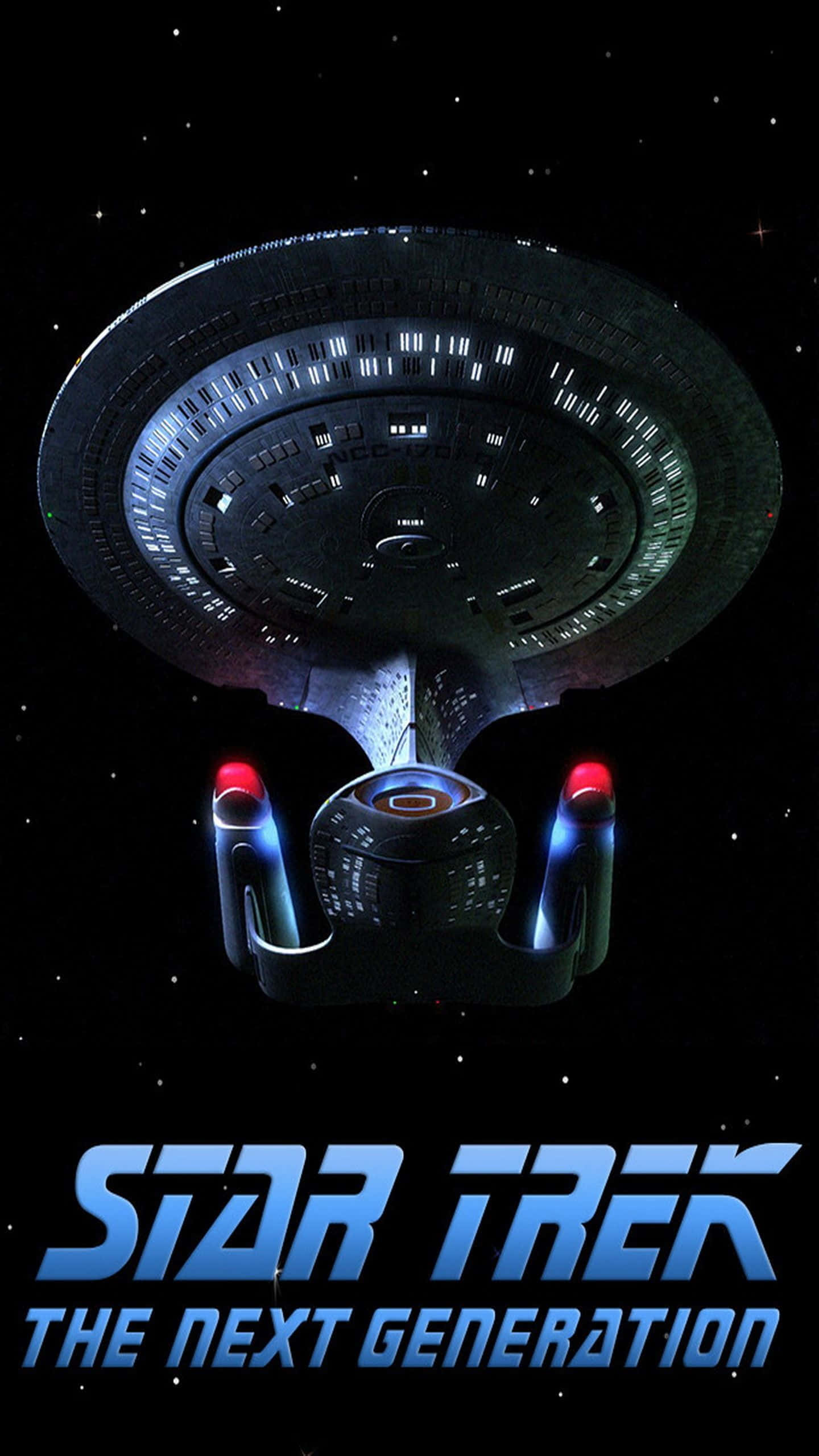 手機 桌布 壁紙 — USS Enterprise NCC-1701-D 在佈滿星光的黑色虛空中閃爍著藍色和紅色的光芒，標誌性的星際爭霸戰飛船準備好進行星際冒險。