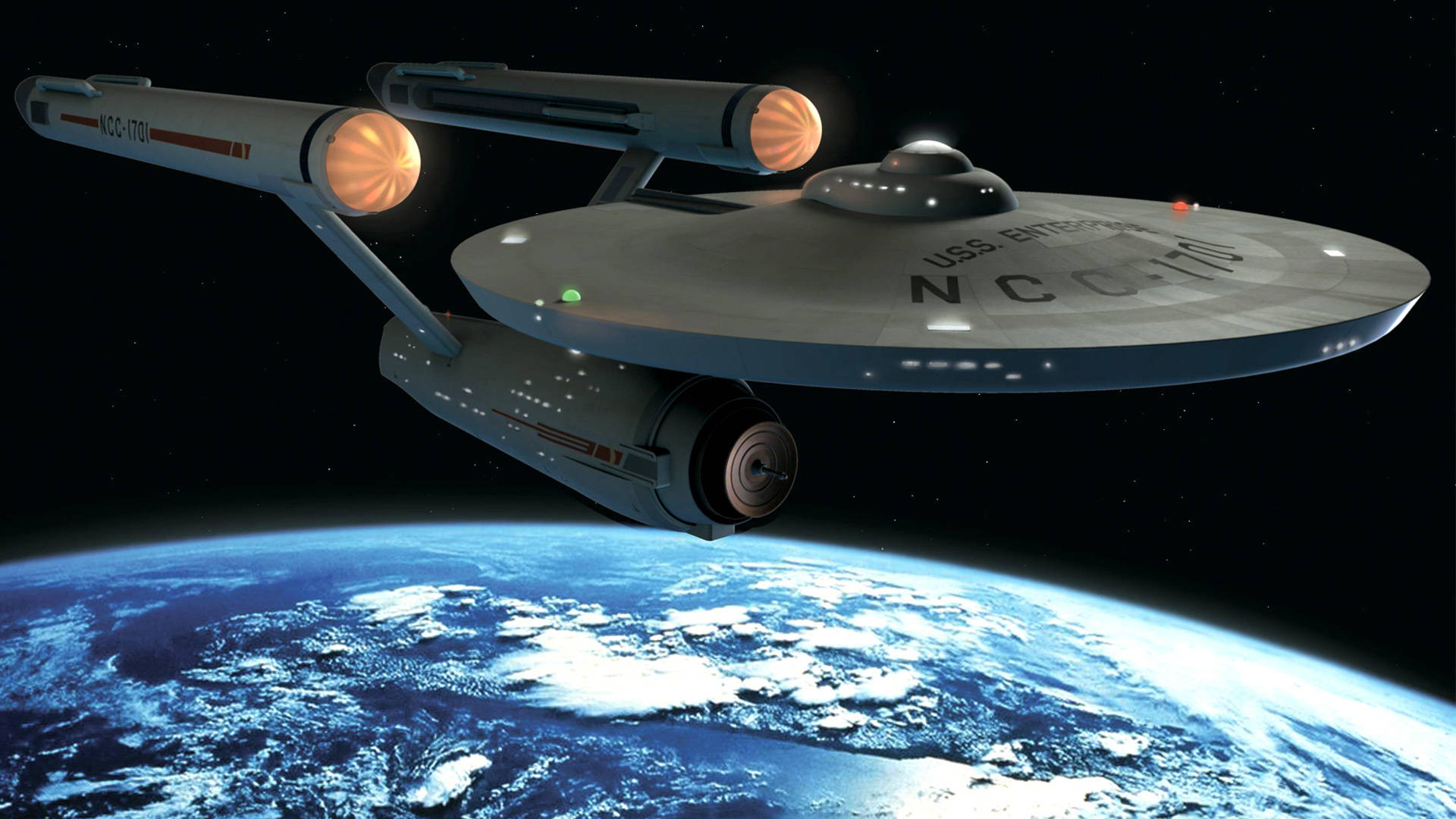 Starship 桌布 壁紙 — USS Enterprise NCC-1701 在藍白相間的行星上方滑翔，背景是星光點點的黑色虛空。