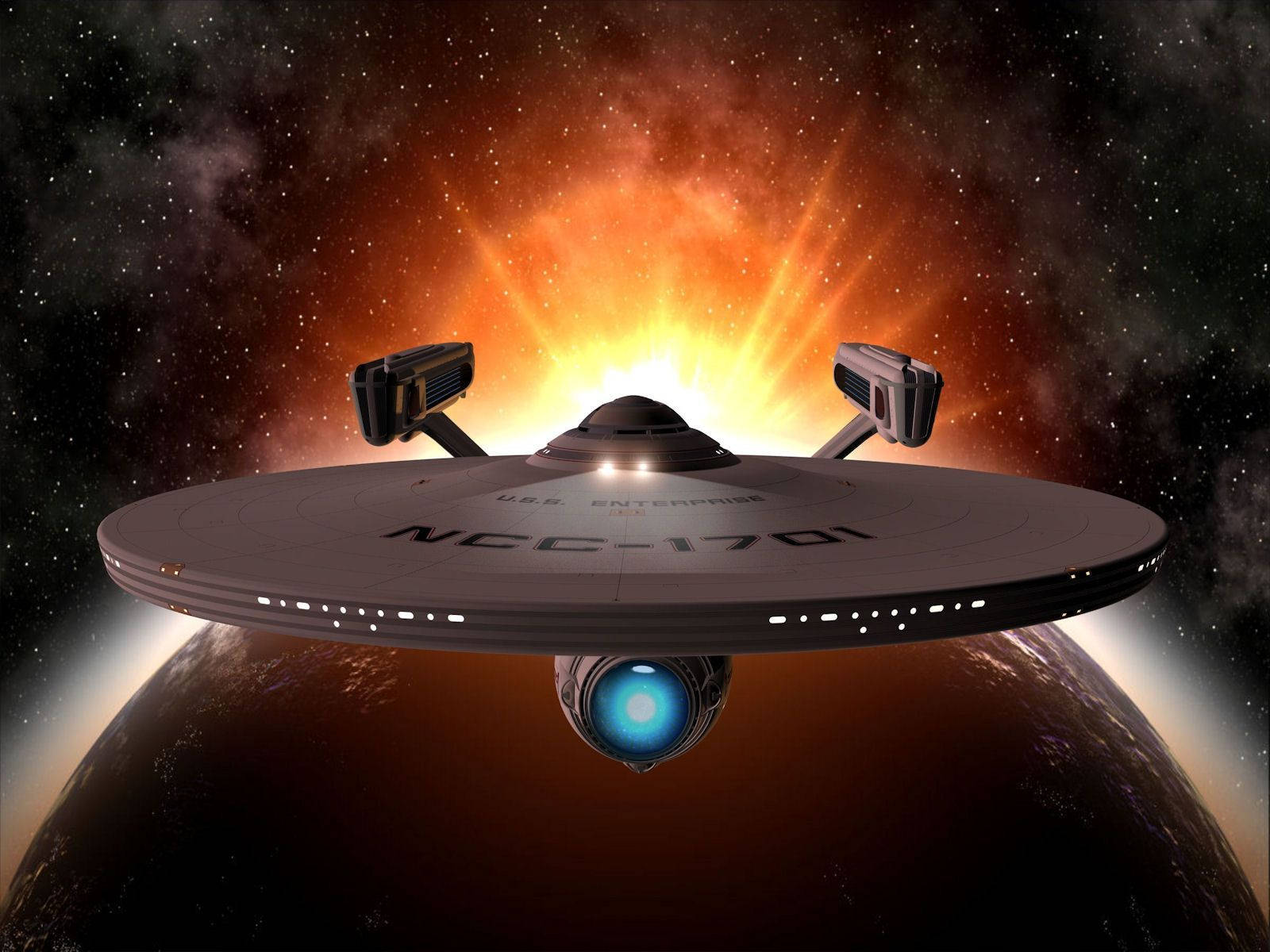 Starship 桌布 壁紙 — USS Enterprise NCC-1701 在深空中，在一個熾熱星雲背景下，在一個行星上方滑翔。