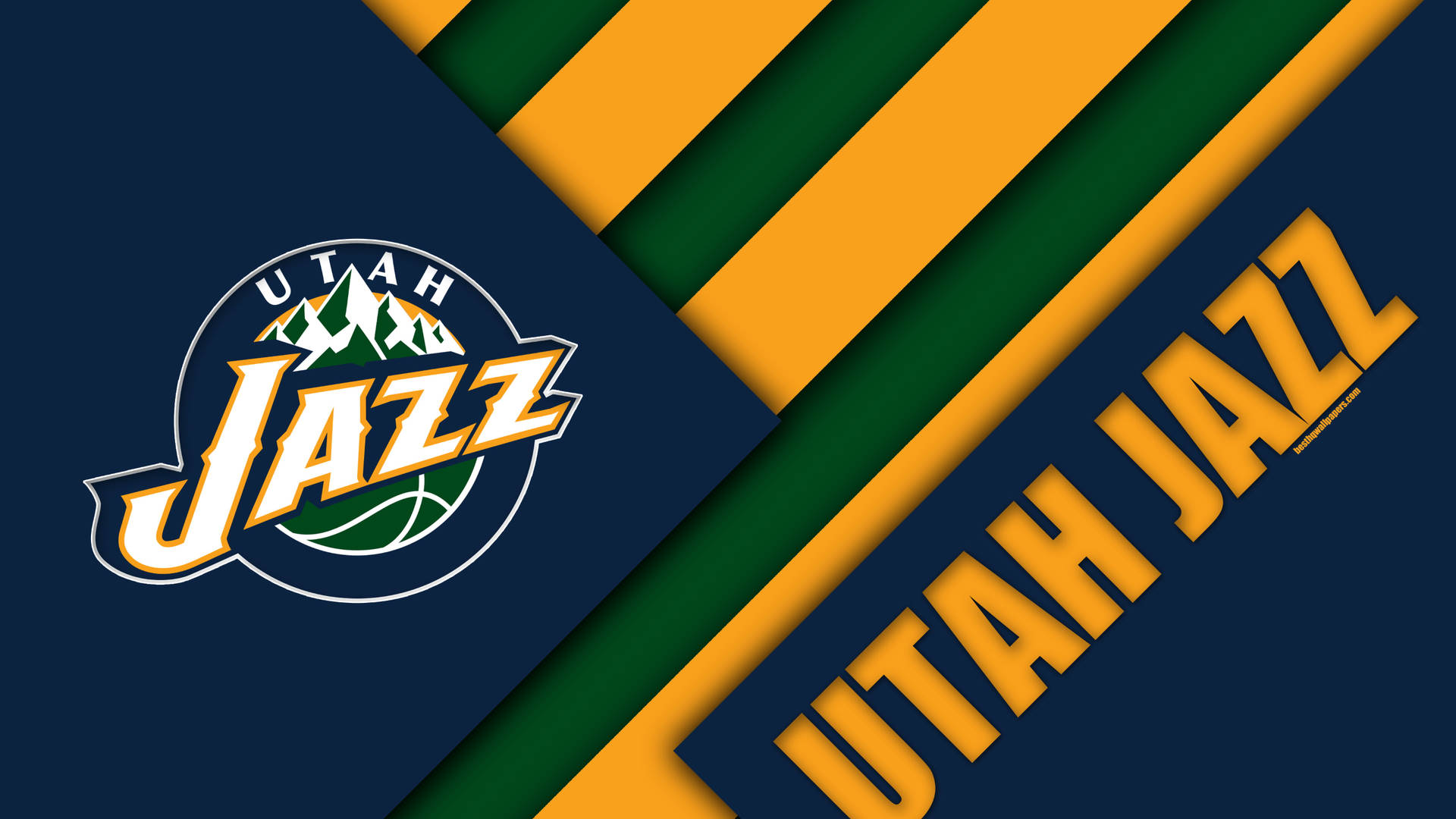 Utah Jazz 籃球隊標誌和名稱在幾何海軍藍黃綠色背景上。 — Jordan Logo 壁紙