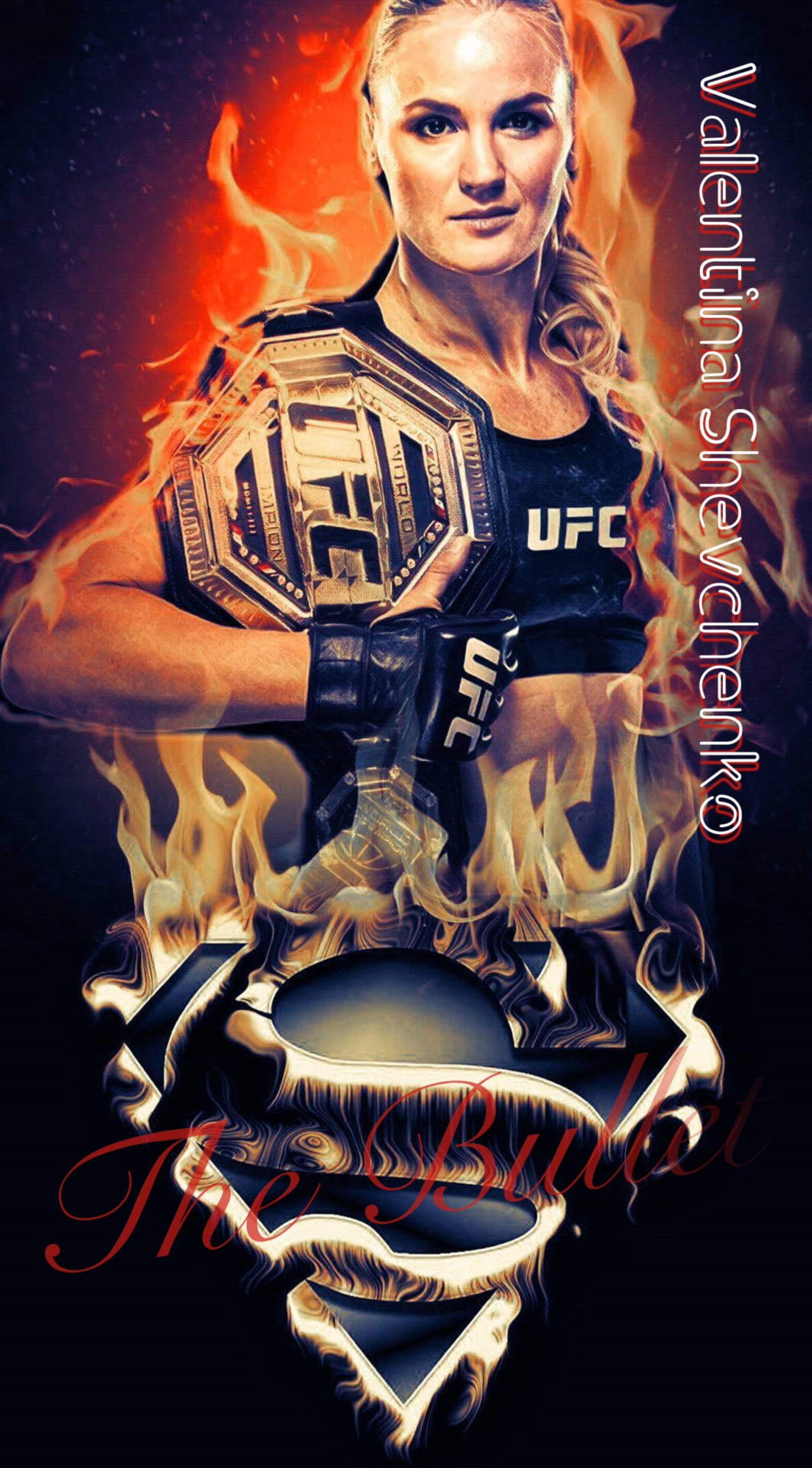 valentina 桌布 壁紙 — Valentina Shevchenko 在黑暗背景前，被熊熊烈火包圍，手持 UFC 冠軍腰帶。