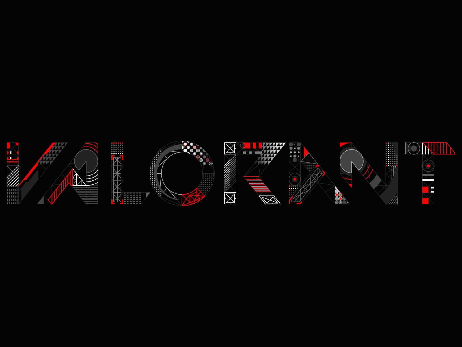 電玩遊戲 桌布 壁紙 — 「VALORANT」一詞以粗體幾何字體呈現，帶有紅色、黑色和灰色圖案，背景為純黑色。