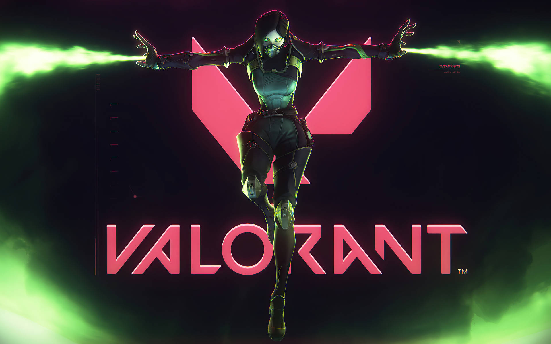 Valorant 特務在黑暗背景上漂浮，帶有綠色能量光束。 — Valorant Logo 壁紙