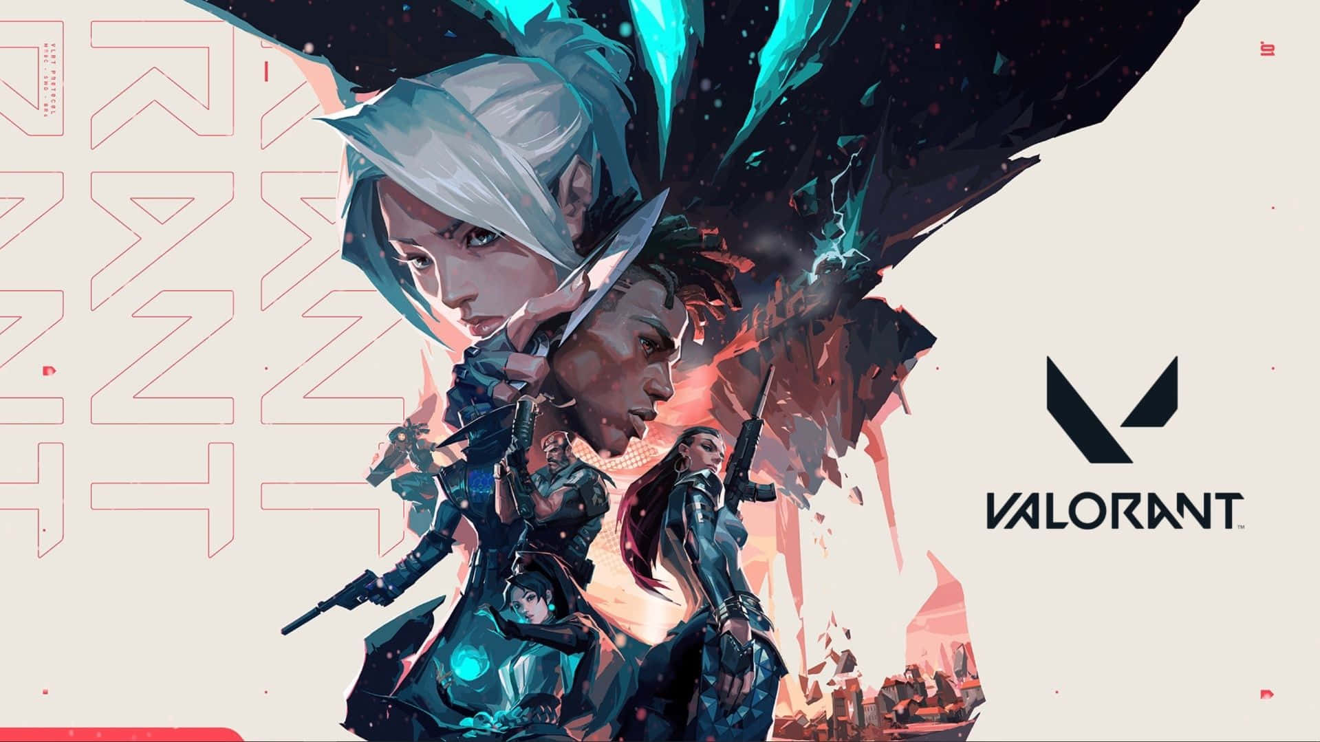 Valorant Agents 桌布 壁紙 — 《Valorant》特工在戰鬥中帶有發光藍色和紅色能量效果的動態數位藝術插圖。
