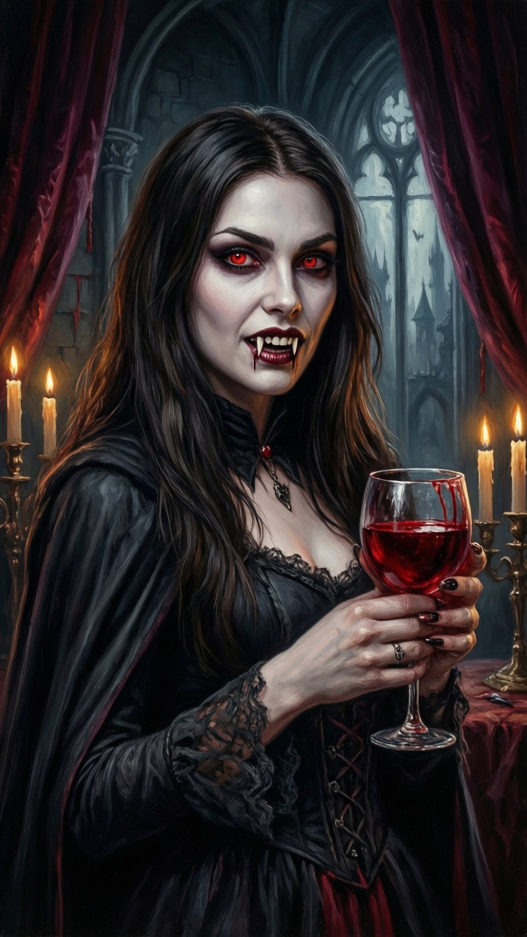 Vampire Countess 壁紙 — 一位擁有發光紅眼和尖牙的吸血鬼女性，在燭光照亮的哥德式大教堂中手持一杯血液。