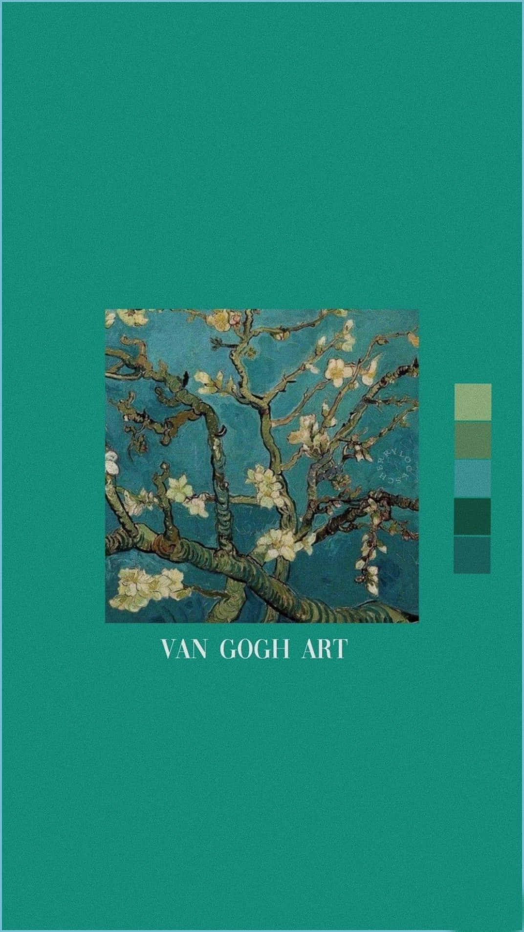美學 桌布 壁紙 — Van Gogh 的杏仁花畫作，以青綠色背景、色板及文字框住。