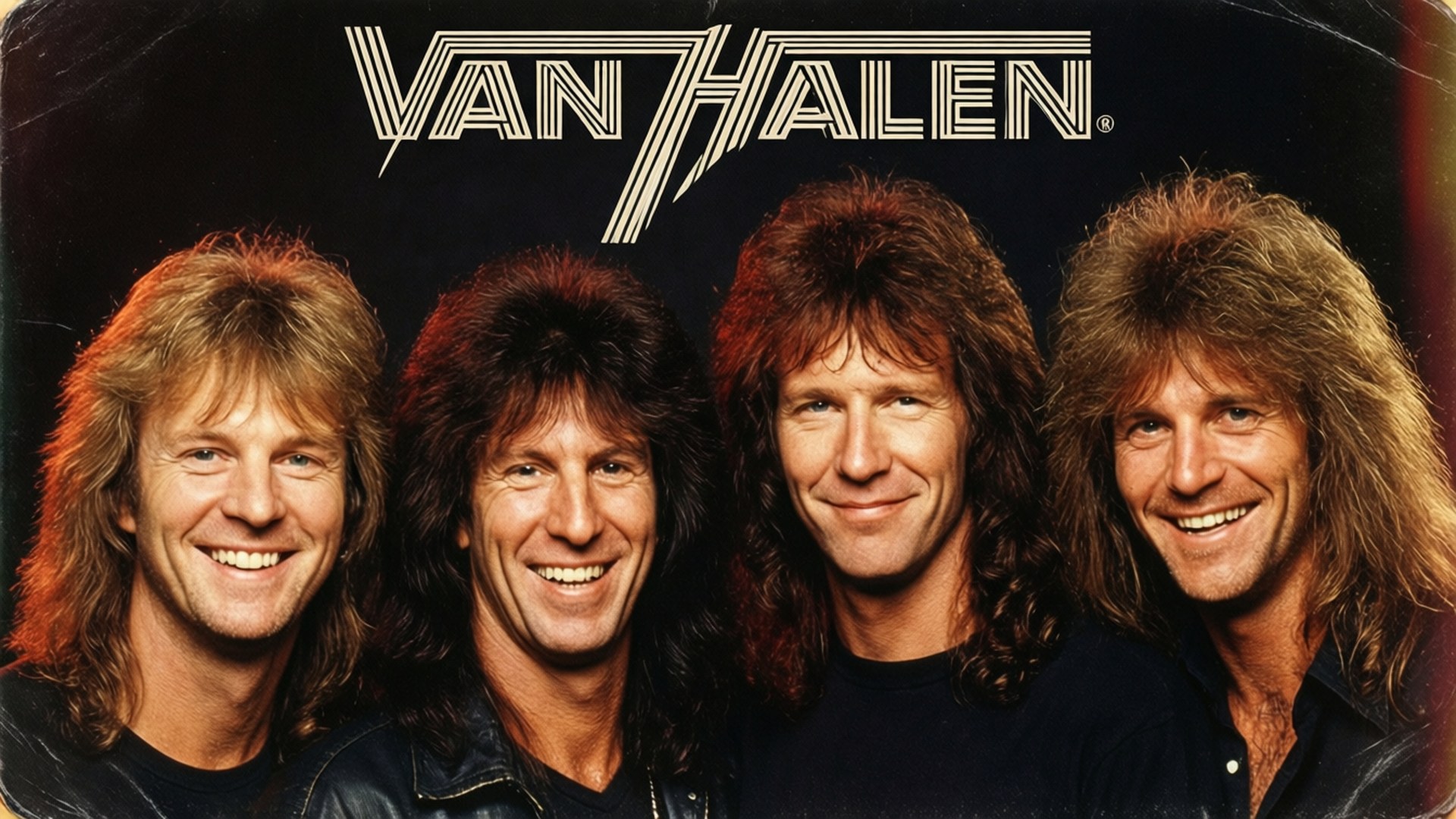 Classic Band Portrait 壁紙 — Van Halen 樂隊成員在深色背景上自信地微笑，上方有他們的標誌性標誌。